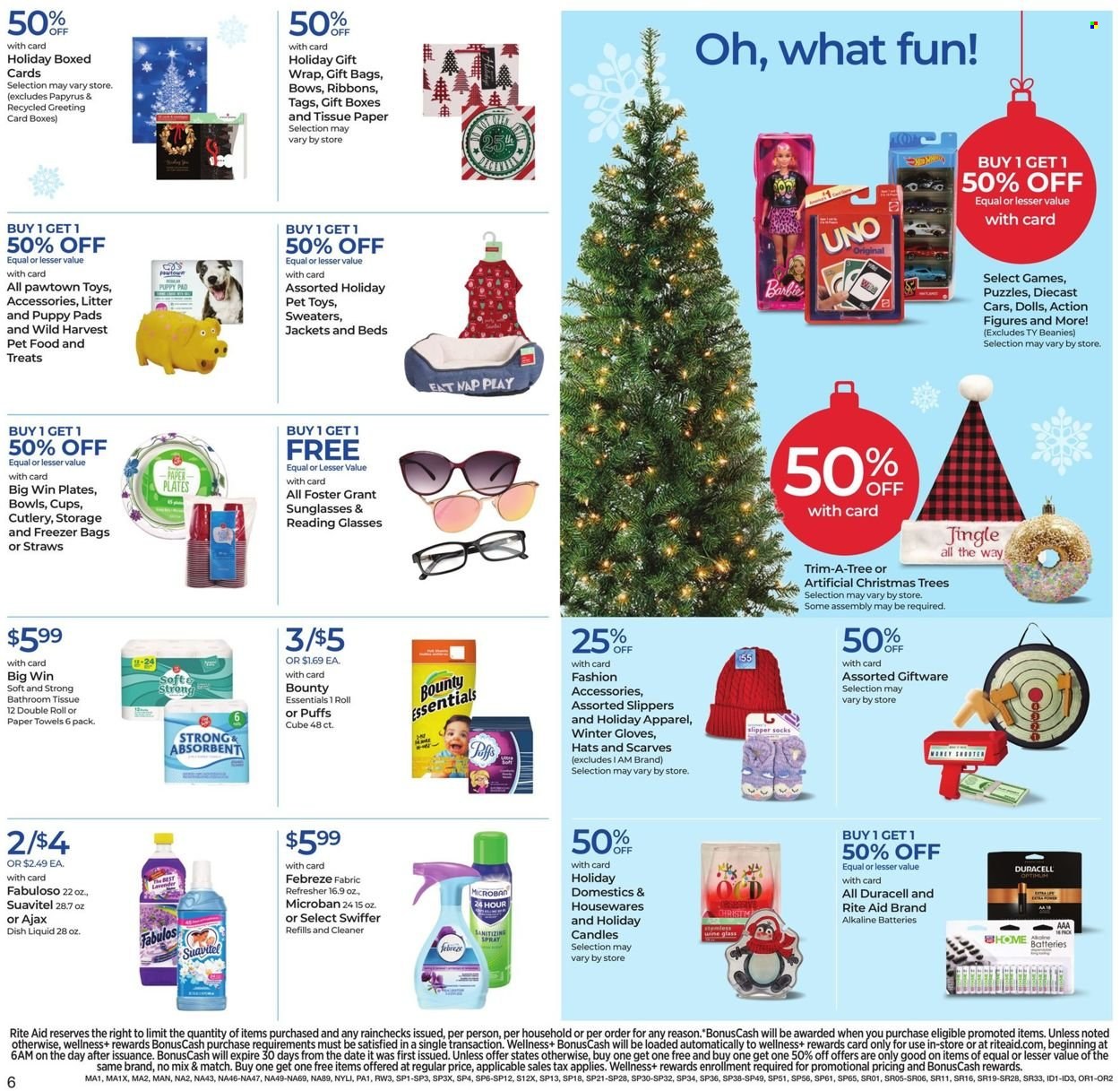 thumbnail - RITE AID Flyer - 11/28/2021 - 12/04/2021 - Sales products - slippers, Wild Harvest, Bounty, puffs, bath tissue, toilet paper, kitchen towels, paper towels, Febreze, cleaner, Ajax, Fabuloso, Swiffer, dishwashing liquid, refresher, plate, cup, straw, freezer bag, candle, battery, Duracell, alkaline batteries, puppy pads, animal food, christmas tree, beanie, gloves, scarf, hat, sunglasses, doll, puzzle. Page 17.