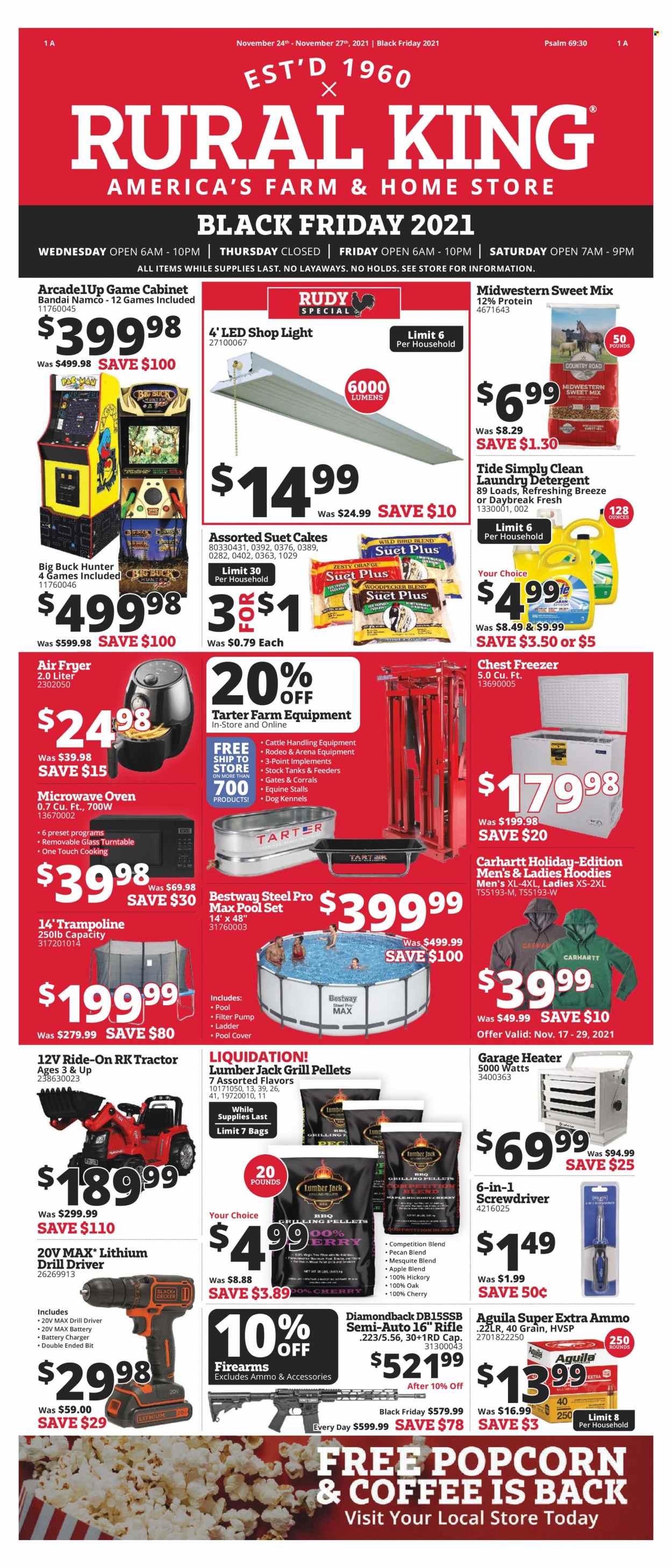 thumbnail - Rural King Flyer - 11/24/2021 - 11/27/2021 - Sales products - cake, Tide, laundry detergent, bag, battery charger, hoodie, tank, suet cakes, Apple, freezer, chest freezer, air fryer, Hunter, rifle, ammo, trampoline, tractor, ladder, shop light, drill, screwdriver, cabinet, grill, pool, pump. Page 1.