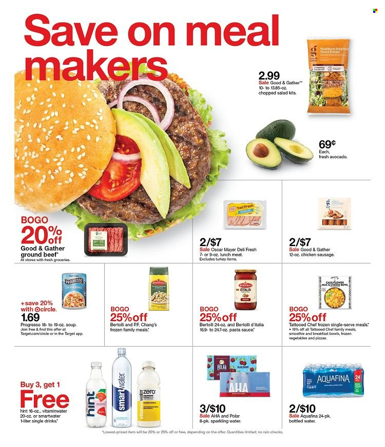 thumbnail - Target Flyer - 11/28/2021 - 12/04/2021 - Sales products - sweet potato, salad, chopped salad, avocado, beef meat, ground beef, pizza, pasta sauce, soup, sauce, breakfast bowl, Progresso, Bertolli, Oscar Mayer, sausage, chicken sausage, lunch meat, frozen vegetables, Aquafina, sparkling water, bottled water, Smartwater, Target, Elf. Page 17.