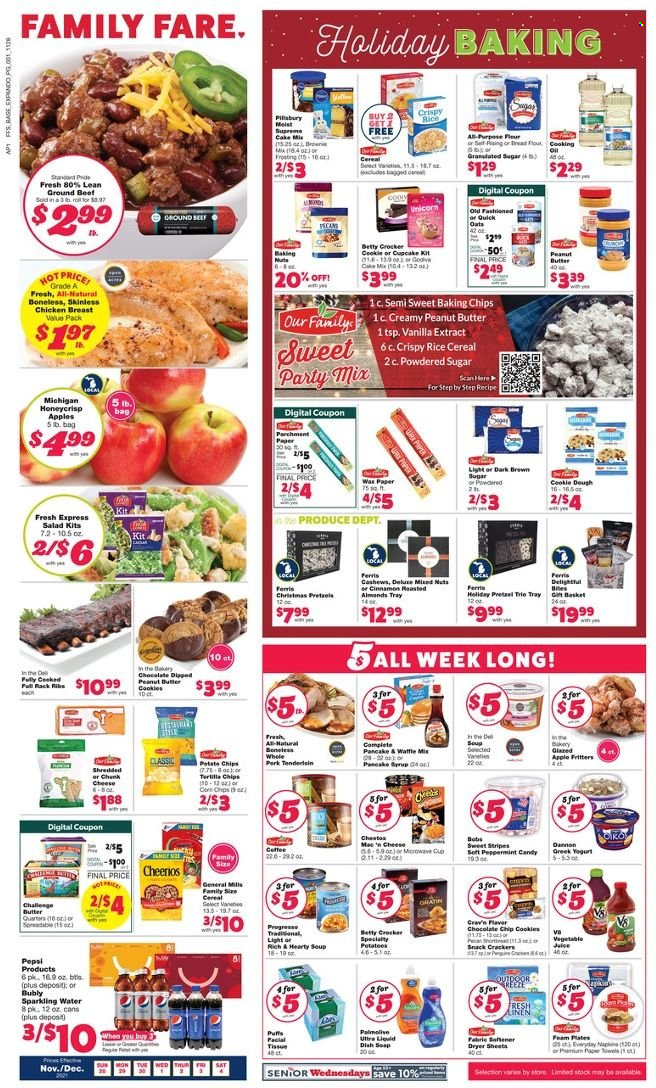 thumbnail - Family Fare Flyer - 11/28/2021 - 12/04/2021 - Sales products - pretzels, puffs, cake mix, corn, apples, soup, pancakes, cheese, chunk cheese, greek yoghurt, yoghurt, Dannon, snack, Godiva, crackers, Cheetos, flour, frosting, granulated sugar, sugar, oats, icing sugar, vanilla extract, baking chips, cereals, Quick Oats, cinnamon, peanut butter, cashews, Pepsi, juice, sparkling water, coffee, chicken breasts, beef meat, ground beef, tissues, kitchen towels, paper towels, fabric softener, dryer sheets, basket, tray, plate, linens. Page 1.