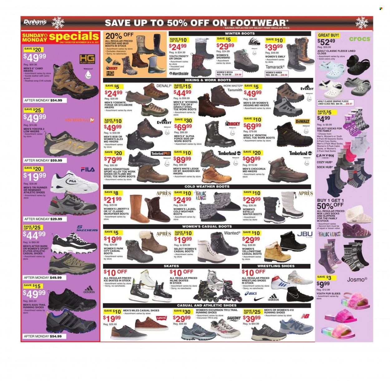 thumbnail - Dunham's Sports Flyer - 11/27/2021 - 12/02/2021 - Sales products - Adidas, boots, clogs, DeWALT, Fila, running shoes, shoes, slides, winter boots, hiking shoes, Adidas Men, Skechers, Saucony, athletic shoes, Timberland, socks, wool socks, inline skates, skates. Page 6.
