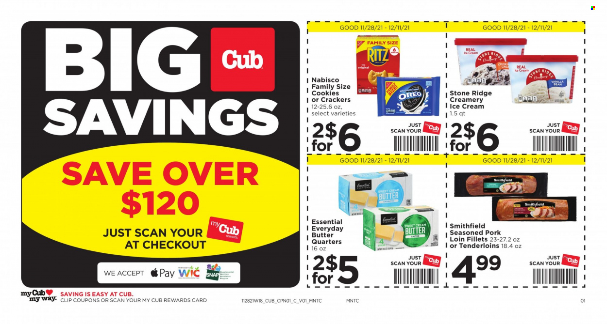 thumbnail - Cub Foods Flyer - 11/28/2021 - 12/11/2021 - Sales products - Oreo, butter, ice cream, cookies, crackers, RITZ, pork loin, pork meat. Page 1.