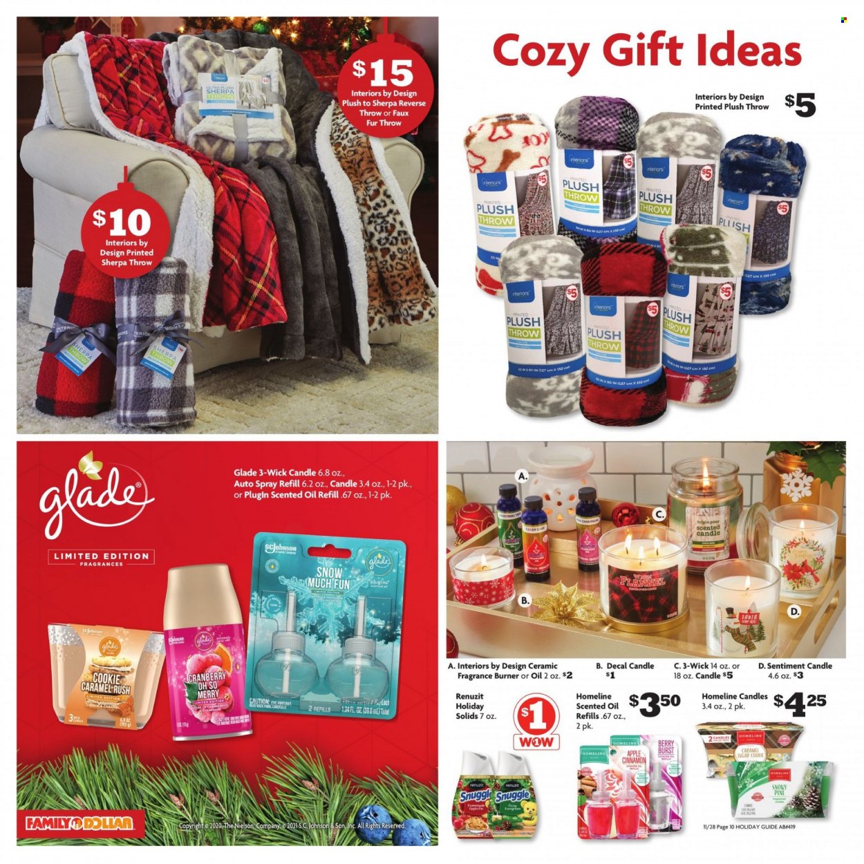 thumbnail - Family Dollar Flyer - 11/28/2021 - 12/25/2021 - Sales products - sugar, cinnamon, caramel, Johnson's, Snuggle, fragrance, candle, Renuzit, Glade, scented oil. Page 10.