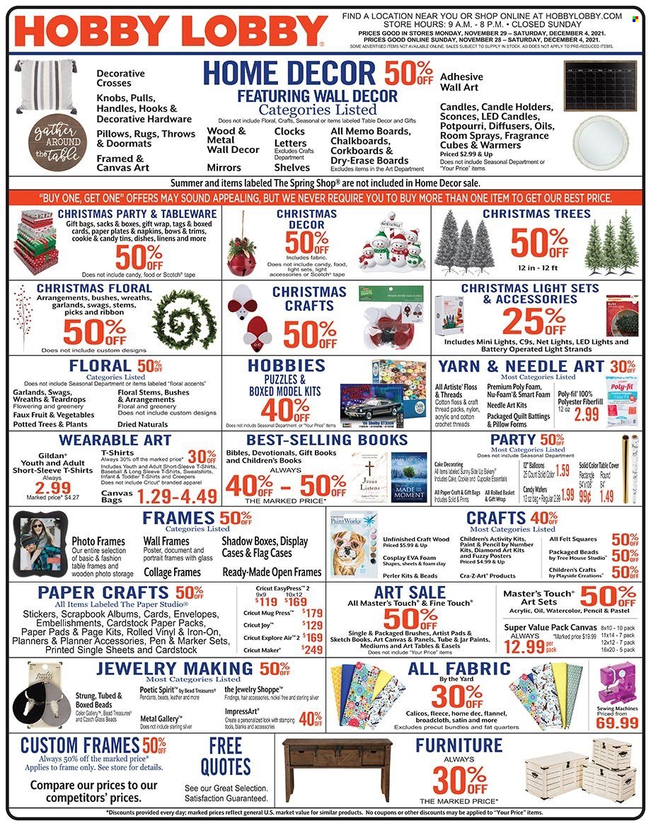 Hobby Lobby Flyer - 11/28/2021 - 12/04/2021 - Sales products - bag, sticker, boxed card, gift wrap, pen, envelope, photo frame, paper, pencil, scrapbook, sketch pad, canvas, ribbon, napkins, linens, pillow, quilt, mirror, wall decor, christmas tree, christmas decor. Page 1.