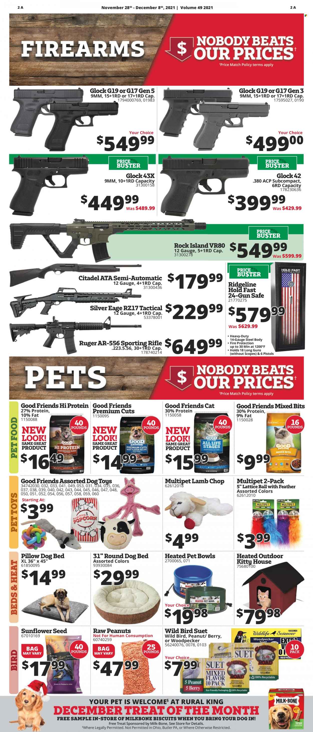 thumbnail - Rural King Flyer - 11/28/2021 - 12/08/2021 - Sales products - biscuit, peanuts, bag, pillow, dog bed, dog toy, animal food, suet, plant seeds, raw peanuts, glock, rifle, Ruger, gun safe. Page 3.