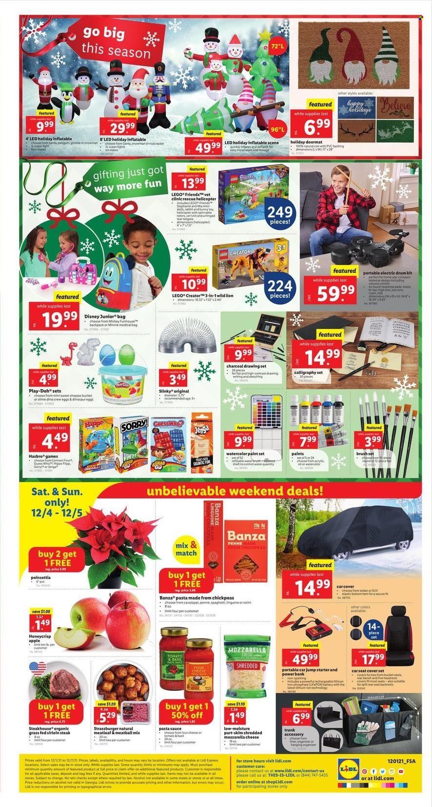 thumbnail - Lidl Flyer - 12/01/2021 - 12/07/2021 - Sales products - Guess, spaghetti, pasta sauce, sauce, mozzarella, cheese, Disney, eggs, Mickey Mouse, Santa, chickpeas, penne, beef sirloin, steak, sirloin steak, brush set, Minnie Mouse, drum kit, quilt cover set, power bank, Apple, LEGO, LEGO Friends, slinky, Play-doh, penguin, Hasbro, toys, dinosaur, helicopter, Slime, clinic rescue helicopter, paint, charcoal, door mat, poinsettia. Page 4.