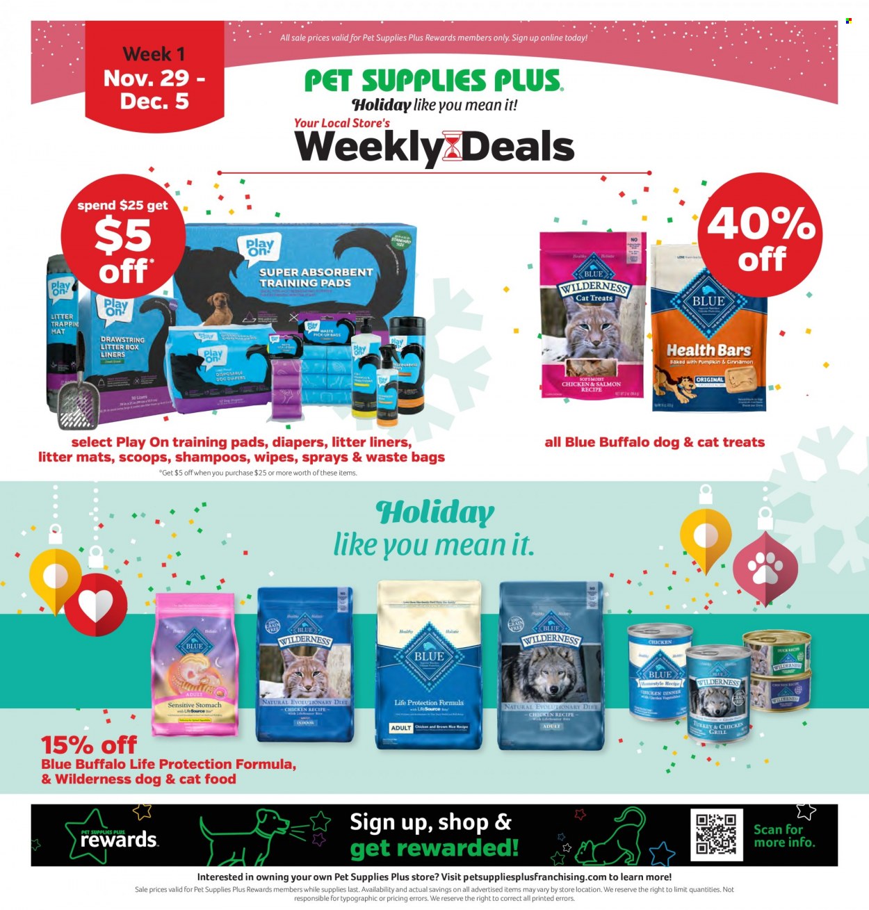 thumbnail - Pet Supplies Plus Flyer - 11/29/2021 - 12/29/2021 - Sales products - bag, trash bags, Play On, training pads, animal food, Blue Buffalo, cat food. Page 1.