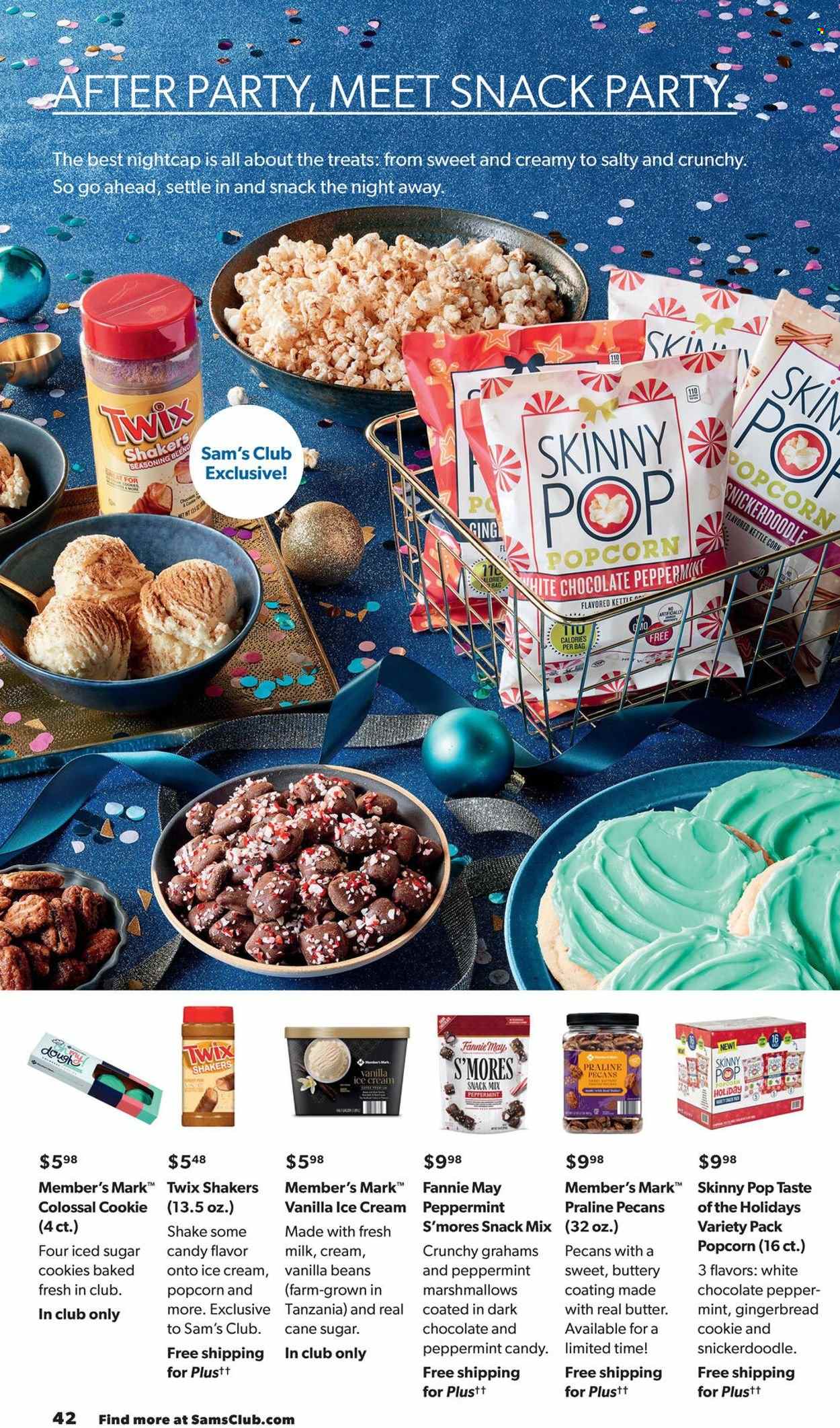 thumbnail - Sam's Club Flyer - 12/01/2021 - 12/31/2021 - Sales products - gingerbread, beans, milk, shake, butter, ice cream, cookies, marshmallows, snack, Twix, kettle corn, popcorn, Skinny Pop, cane sugar, sugar, pepper, spice, pecans, bag. Page 42.