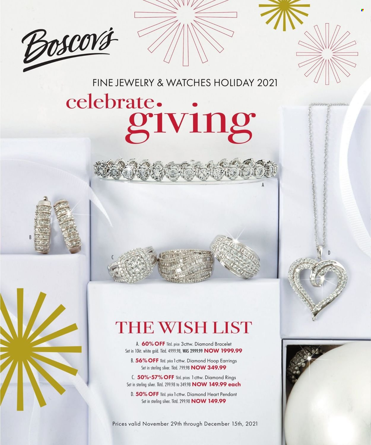 thumbnail - Boscov's Flyer - 11/29/2021 - 12/15/2021 - Sales products - bracelet, earrings, watch, pendant, diamond ring, jewelry. Page 1.
