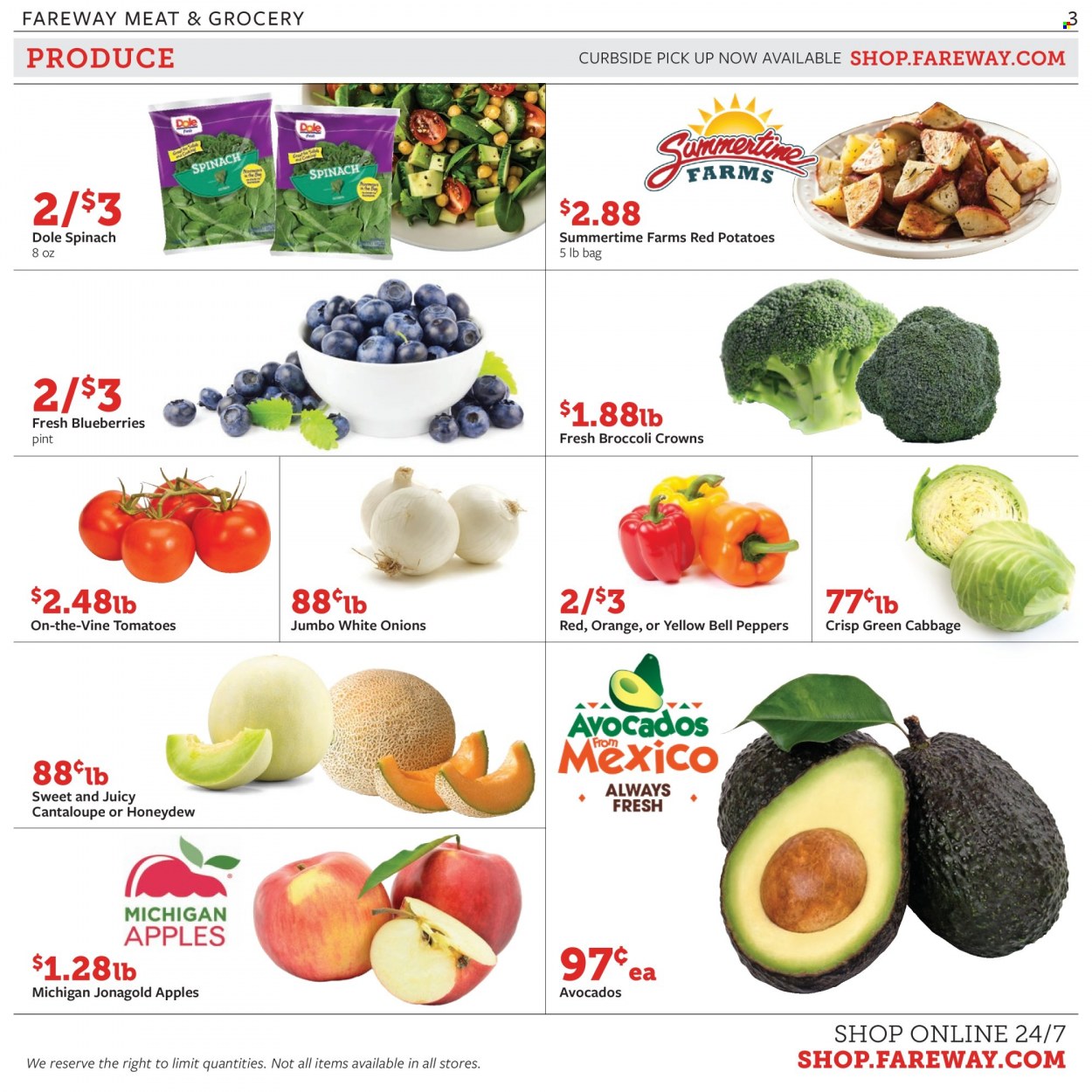 thumbnail - Fareway Flyer - 11/30/2021 - 12/06/2021 - Sales products - bell peppers, cabbage, cantaloupe, spinach, potatoes, onion, Dole, peppers, red potatoes, apples, avocado, blueberries, honeydew. Page 3.