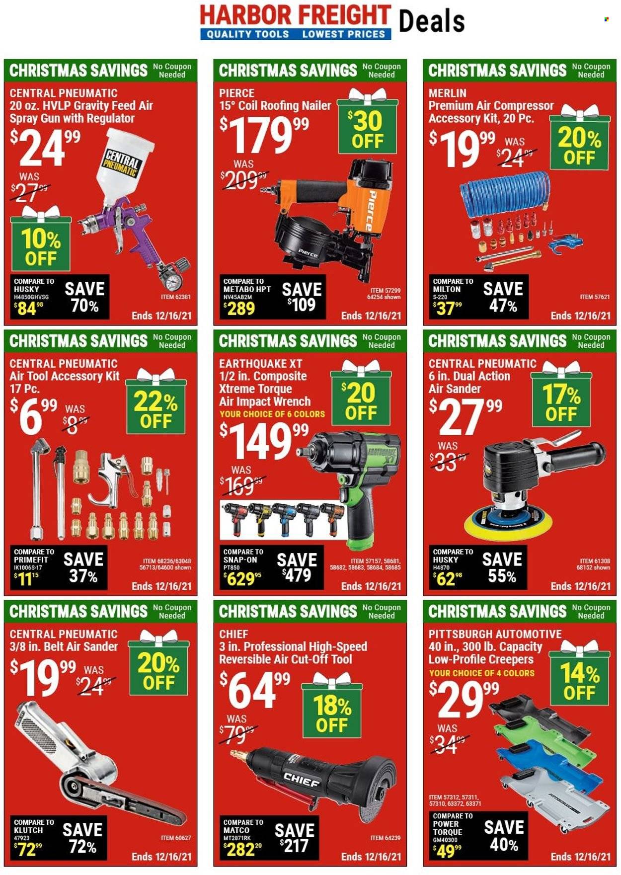 thumbnail - Harbor Freight Flyer - 11/30/2021 - 12/16/2021 - Sales products - spray gun, wrench, air compressor, belt, central pneumatic. Page 1.