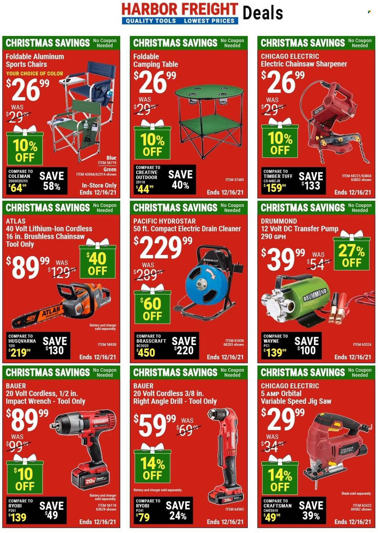 thumbnail - Harbor Freight Flyer - 11/30/2021 - 12/16/2021 - Sales products - Coleman, drill, wrench, chain saw, saw, jig saw, table, pump, transfer pumps, cleaner. Page 8.