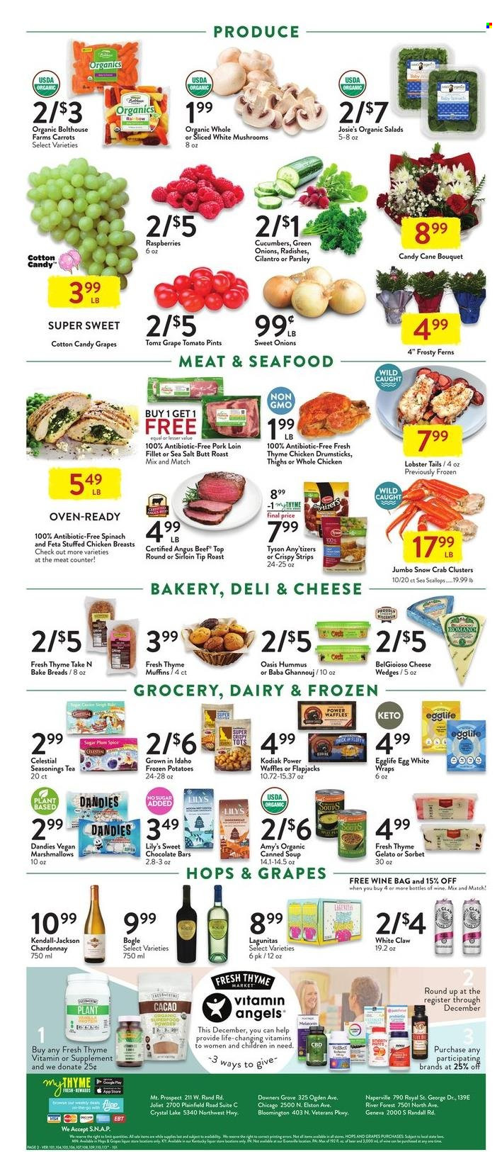 thumbnail - Fresh Thyme Flyer - 12/01/2021 - 12/07/2021 - Sales products - mushrooms, wraps, muffin, waffles, carrots, radishes, parsley, salad, lobster, scallops, seafood, crab, lobster tail, soup, stuffed chicken, hummus, feta, eggs, gelato, strips, marshmallows, candy cane, cotton candy, chocolate bar, cilantro, tea, white wine, Chardonnay, wine, White Claw, beer, whole chicken, chicken drumsticks, beef meat, pork loin, pork meat, bouquet. Page 2.