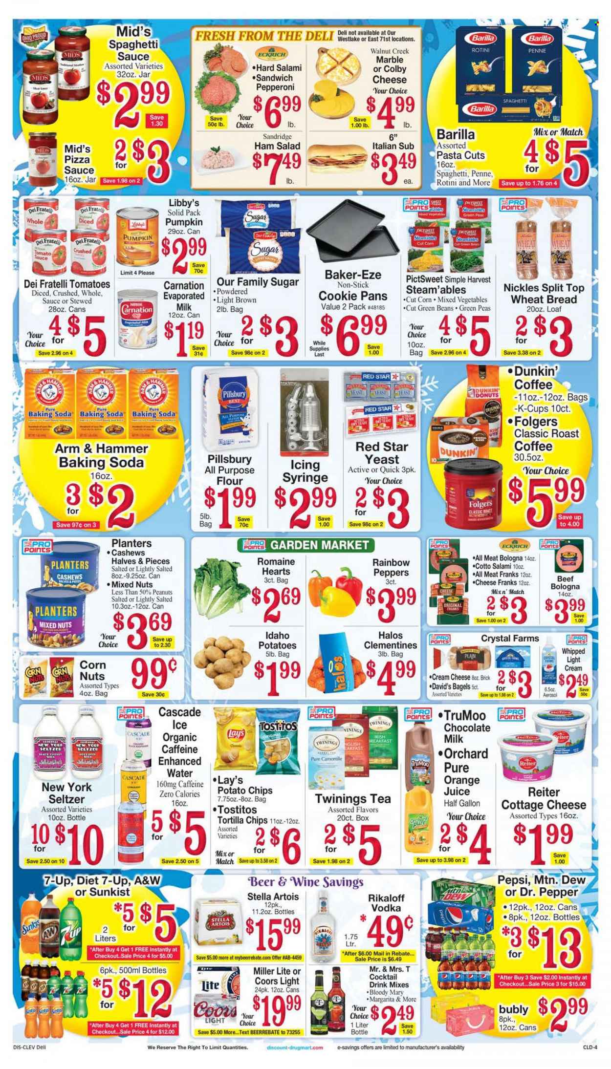 thumbnail - Discount Drug Mart Flyer - 12/01/2021 - 12/07/2021 - Sales products - bagels, wheat bread, donut, corn, green beans, pumpkin, peas, salad, peppers, spaghetti, sandwich, pasta, Pillsbury, Barilla, spaghetti sauce, salami, ham, Colby cheese, cottage cheese, milk, yeast, mixed vegetables, milk chocolate, chocolate, tortilla chips, potato chips, chips, Lay’s, Tostitos, all purpose flour, ARM & HAMMER, bicarbonate of soda, sugar, tomato sauce, penne, cashews, peanuts, mixed nuts, Planters, Mountain Dew, Pepsi, orange juice, juice, Dr. Pepper, 7UP, A&W, seltzer water, tea, Twinings, coffee, Folgers, coffee capsules, K-Cups, vodka, beer, Cascade, clementines, Miller Lite, Stella Artois, Coors. Page 4.