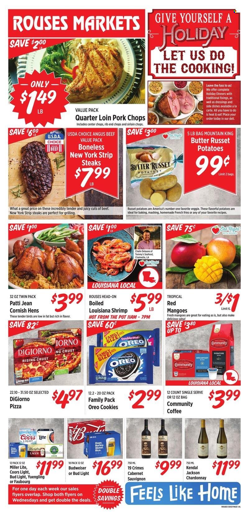 thumbnail - Rouses Markets Flyer - 12/01/2021 - 12/08/2021 - Sales products - russet potatoes, potatoes, mango, seafood, shrimps, pizza, Oreo, milk, butter, potato fries, french fries, cookies, rice, salsa, coffee, Cabernet Sauvignon, white wine, Chardonnay, wine, beer, Bud Light, Lager, beef meat, steak, striploin steak, pork chops, pork meat, pot, Budweiser, Miller Lite, Coors, Yuengling. Page 1.