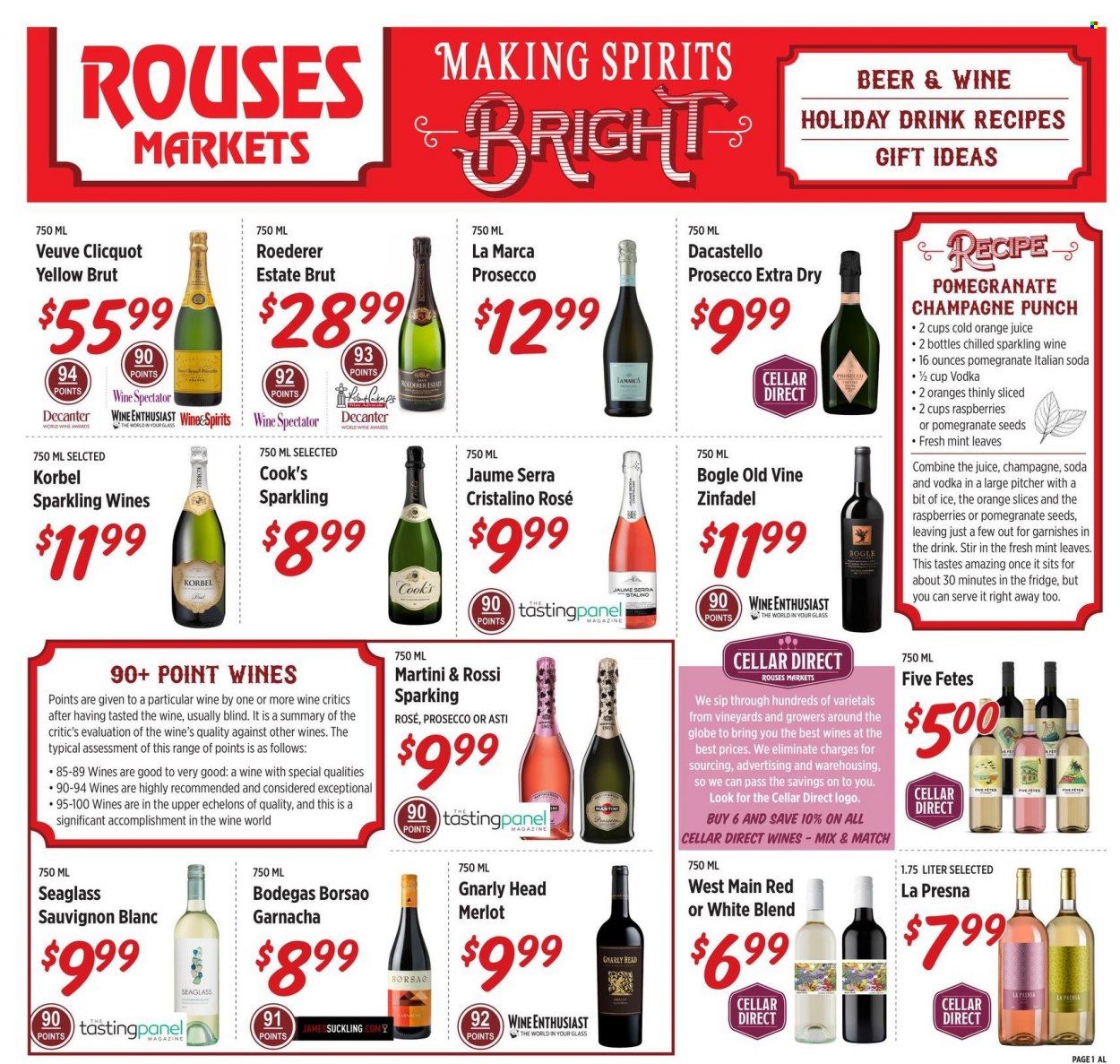 thumbnail - Rouses Markets Flyer - 12/01/2021 - 12/29/2021 - Sales products - Cook's, juice, soda, red wine, sparkling wine, white wine, champagne, prosecco, wine, Merlot, Veuve Clicquot, Sauvignon Blanc, rosé wine, vodka, punch, Martini, beer. Page 1.