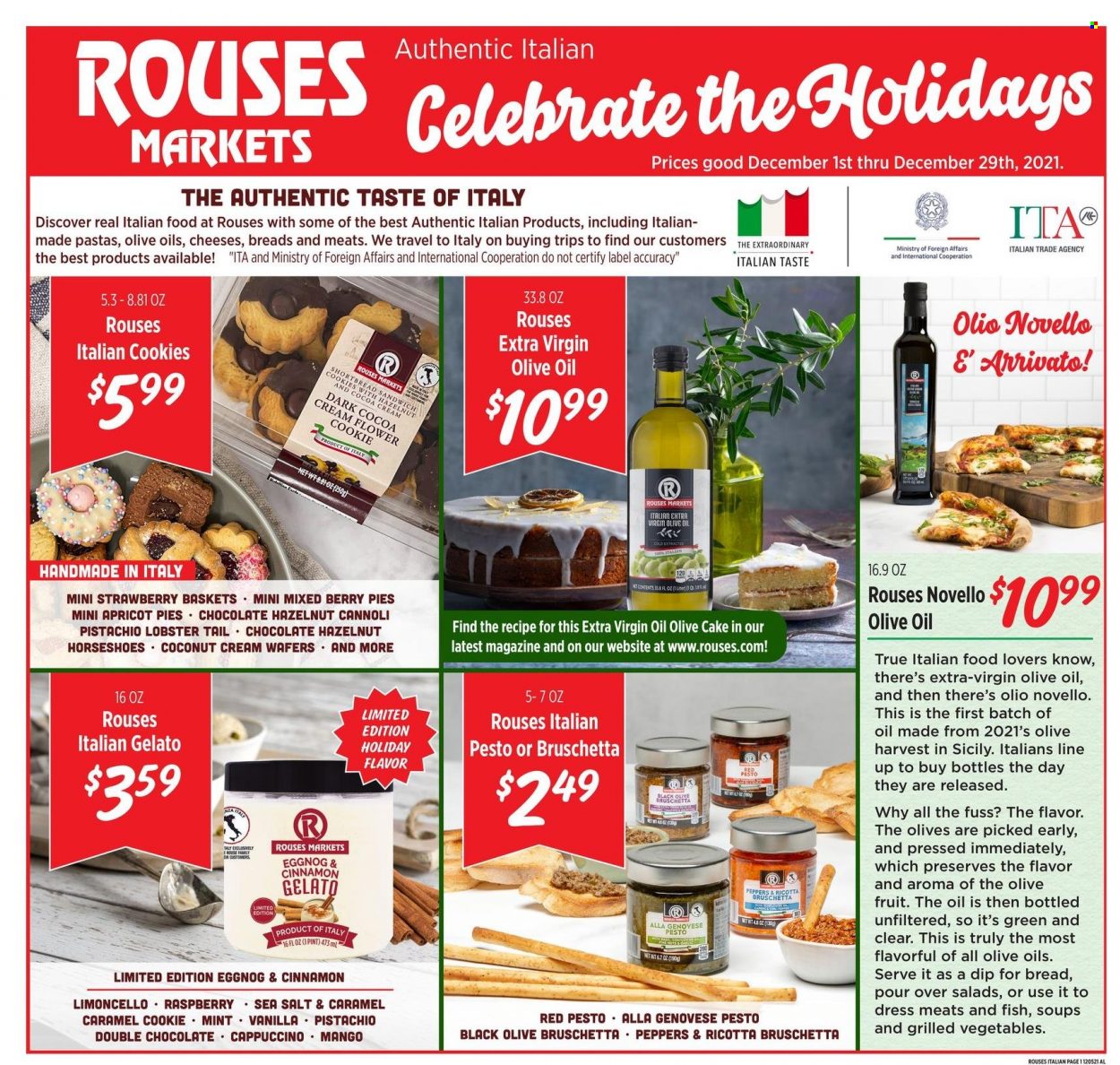 thumbnail - Rouses Markets Flyer - 12/01/2021 - 12/29/2021 - Sales products - cake, mango, coconut, lobster, lobster tail, sandwich, bruschetta, ricotta, cheese, gelato, cookies, sandwich cookies, wafers, chocolate, cocoa, sea salt, olives, cinnamon, caramel, pesto, extra virgin olive oil, olive oil, cappuccino, eggnog, Limoncello. Page 1.