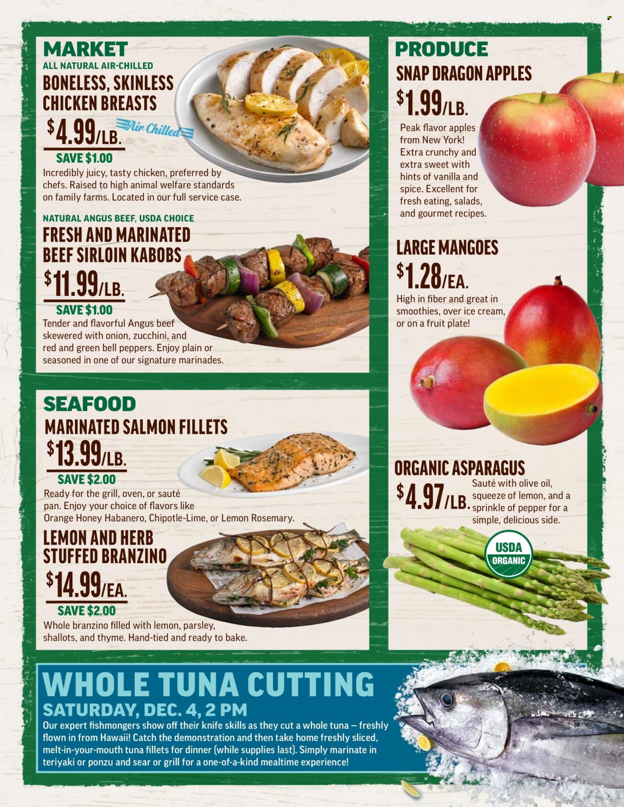 thumbnail - Central Market Flyer - 12/01/2021 - 12/07/2021 - Sales products - asparagus, bell peppers, shallots, zucchini, parsley, onion, peppers, apples, oranges, salmon, salmon fillet, tuna, seafood, ice cream, rosemary, pepper, spice, herbs, honey, smoothie, chicken breasts, beef meat, beef sirloin, marinated beef, knife, plate, pan. Page 3.