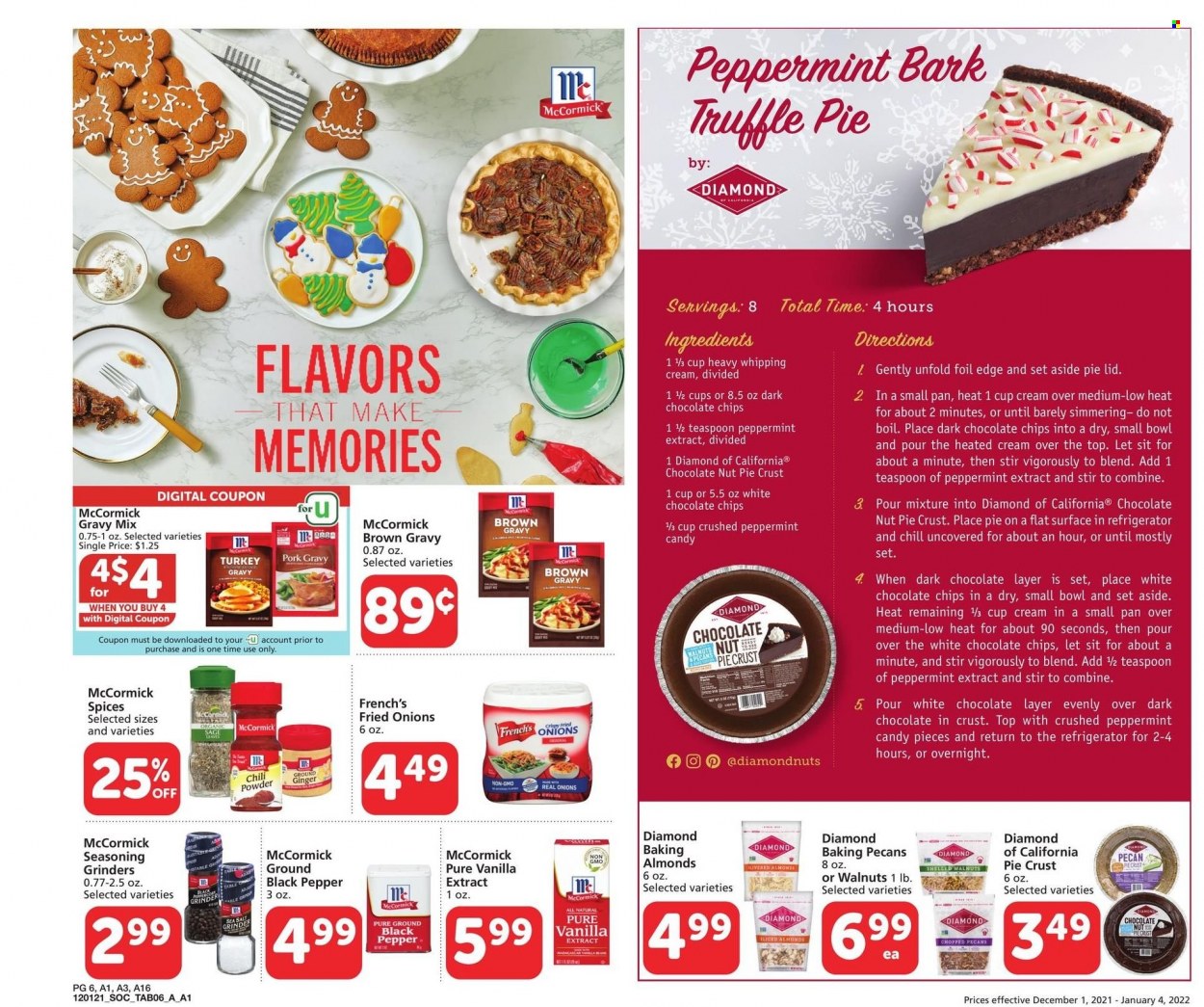 thumbnail - Albertsons Flyer - 12/01/2021 - 01/04/2022 - Sales products - ginger, whipping cream, white chocolate, dark chocolate, pie crust, vanilla extract, ground ginger, gravy mix, spice, pork gravy, almonds, walnuts, pecans, lid, pan, teaspoon, bowl. Page 6.
