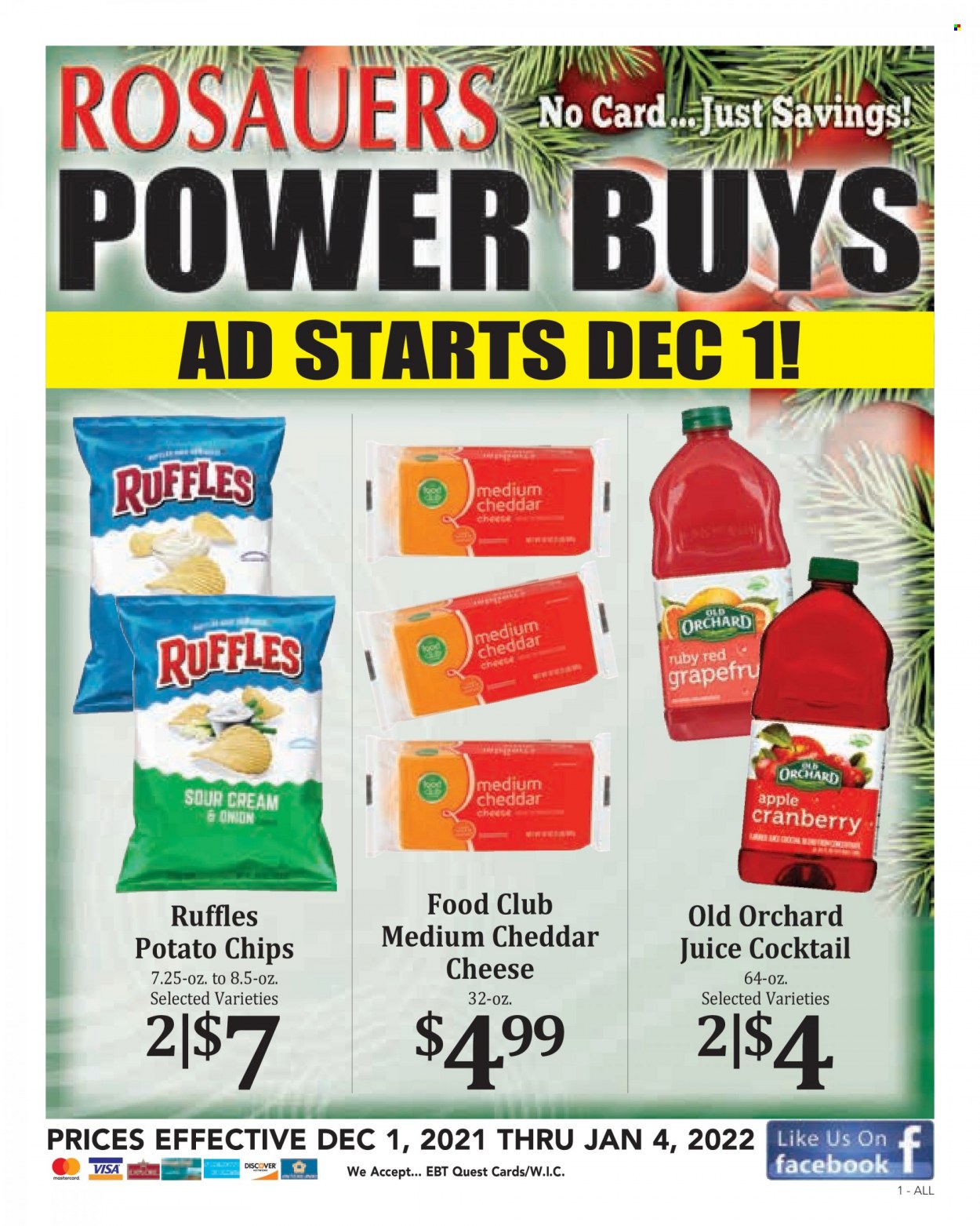 thumbnail - Rosauers Flyer - 12/01/2021 - 01/04/2022 - Sales products - onion, cheese, sour cream, potato chips, chips, Ruffles, juice. Page 1.