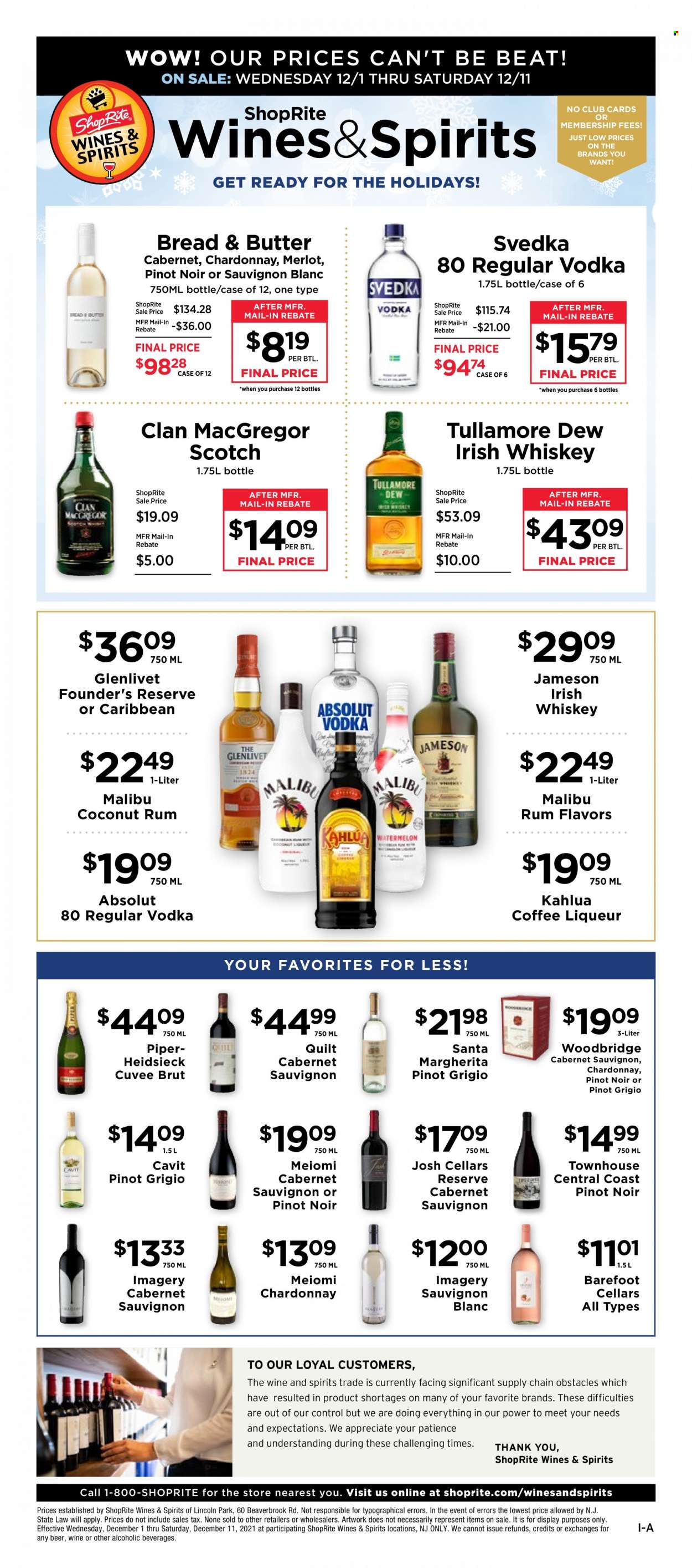 ShopRite Flyer - 12/01/2021 - 12/11/2021 - Sales products - butter, Santa, coffee, Kahlúa, Cabernet Sauvignon, red wine, white wine, Chardonnay, wine, Merlot, Pinot Noir, Cuvée, Pinot Grigio, Sauvignon Blanc, Woodbridge, liqueur, rum, vodka, whiskey, irish whiskey, Jameson, Absolut, Malibu, whisky, beer, Brut. Page 1.