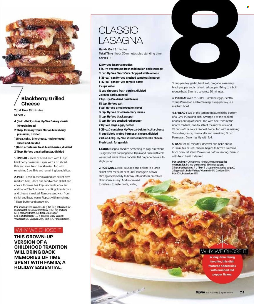 thumbnail - Hy-Vee Flyer - 12/01/2021 - 12/31/2021 - Sales products - bread, garlic, parsley, blackberries, sandwich, noodles, lasagna meal, sausage, pork sausage, mozzarella, ricotta, parmesan, brie, large eggs, crushed tomatoes, tomato paste, esponja, rosemary, black pepper, cloves, kitchen towels, bowl, container, calcium. Page 83.