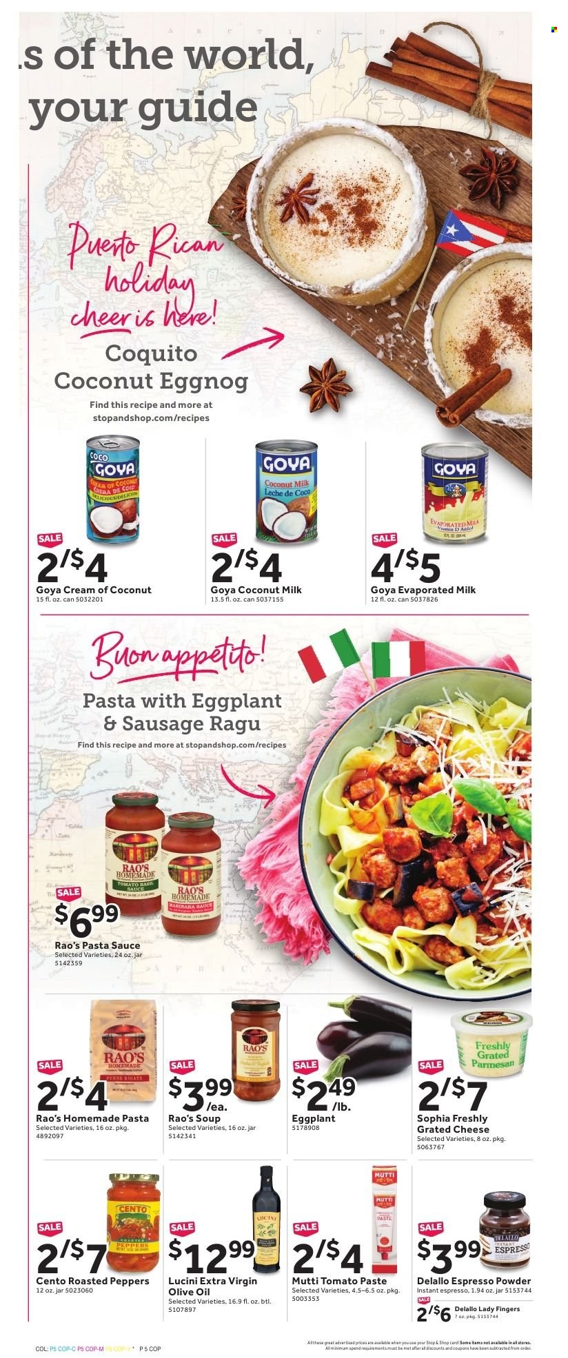 thumbnail - Stop & Shop Flyer - 12/03/2021 - 12/09/2021 - Sales products - eggplant, pasta sauce, soup, sauce, parmesan, cheese, grated cheese, evaporated milk, lady fingers, coconut milk, tomato paste, Goya, penne, ragu, extra virgin olive oil, olive oil, oil, eggnog. Page 5.