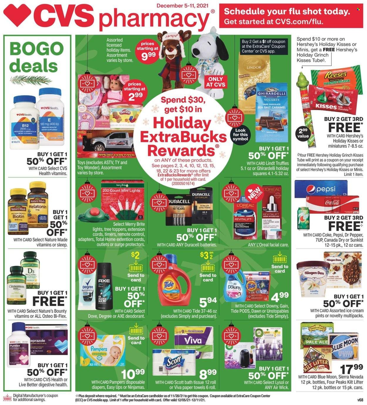 thumbnail - CVS Pharmacy Flyer - 12/05/2021 - 12/11/2021 - Sales products - ice cream, Reese's, Hershey's, Häagen-Dazs, Lindt, Lindor, truffles, dark chocolate, Ghirardelli, Canada Dry, Coca-Cola, Pepsi, Dr. Pepper, 7UP, Pampers, nappies, Dove, bath tissue, Scott, kitchen towels, paper towels, Gain, Lysol, Tide, Unstopables, Purelax, L’Oréal, Brite, anti-perspirant, deodorant, Air Wick, battery, Duracell, Optimum, toys, Biotin, Nature Made, Nature's Bounty, Osteo bi-flex, Bi-Flex, vitamin D3, beer, Blue Moon. Page 1.