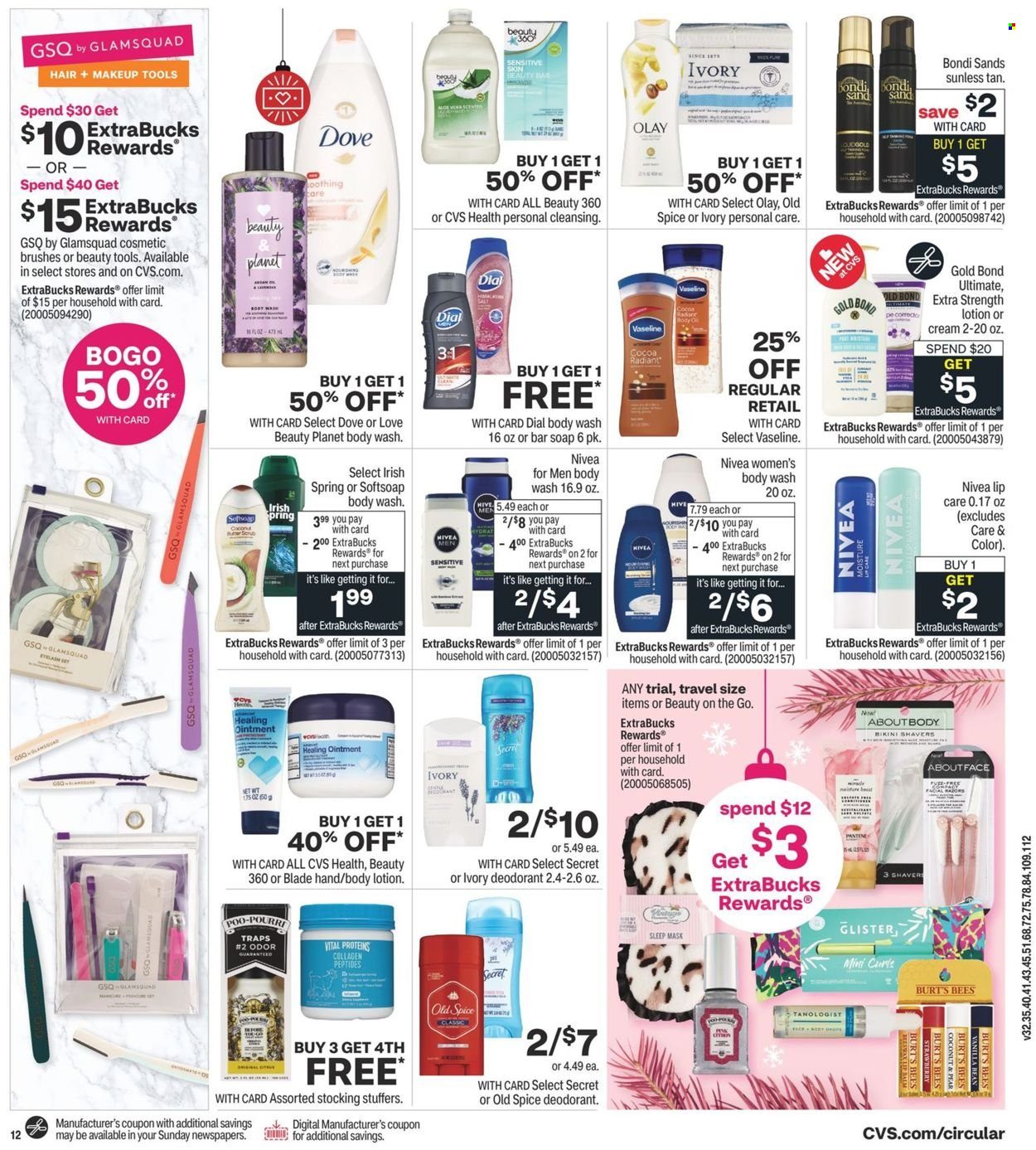 thumbnail - CVS Pharmacy Flyer - 12/05/2021 - 12/11/2021 - Sales products - Nivea, ointment, Dove, body wash, Softsoap, Old Spice, Vaseline, soap bar, Dial, soap, Olay, Bondi Sands, body lotion, anti-perspirant, deodorant, makeup. Page 17.