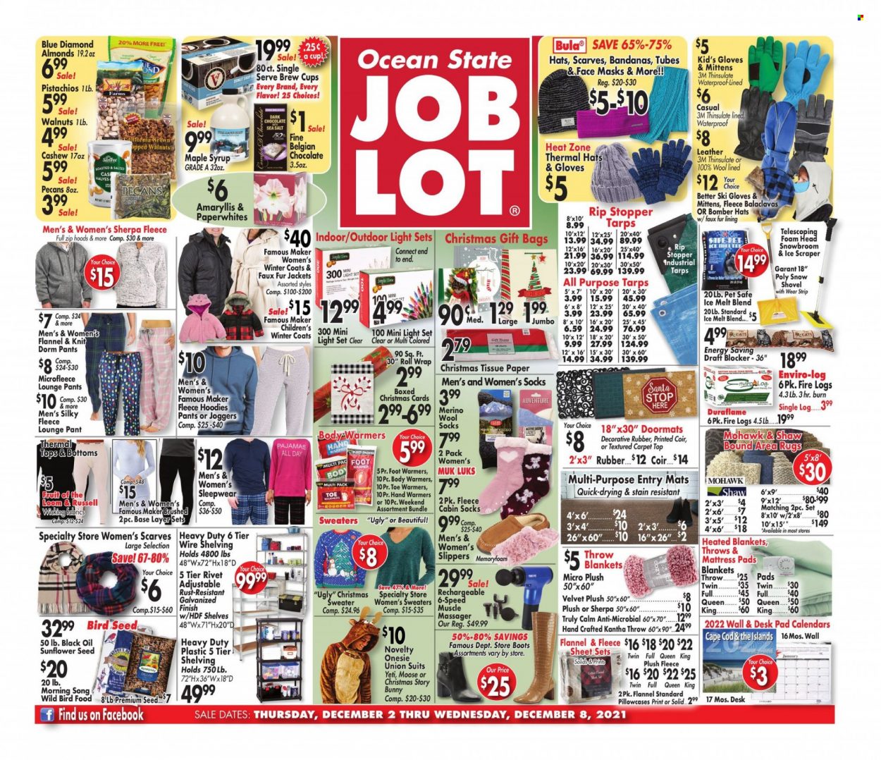 thumbnail - Ocean State Job Lot Flyer - 12/02/2021 - 12/08/2021 - Sales products - boots, slippers, chocolate, UglyDolls, Santa, dark chocolate, oil, maple syrup, syrup, almonds, walnuts, pecans, pistachios, Blue Diamond, toilet paper, tissues, gloves, cup, bag, eraser, paper, blanket, pillowcase, mattress protector, hoodie, animal food, bird food, plant seeds, massager, coat, jacket, winter coat, pants, t-shirt, tops, sweater, joggers, socks, wool socks, scarf, hat, pajamas, tarps, hand warmer, light set, rug, carpet, area rug, shovel, snow shovel, face mask, ice melter, sleepwear. Page 1.