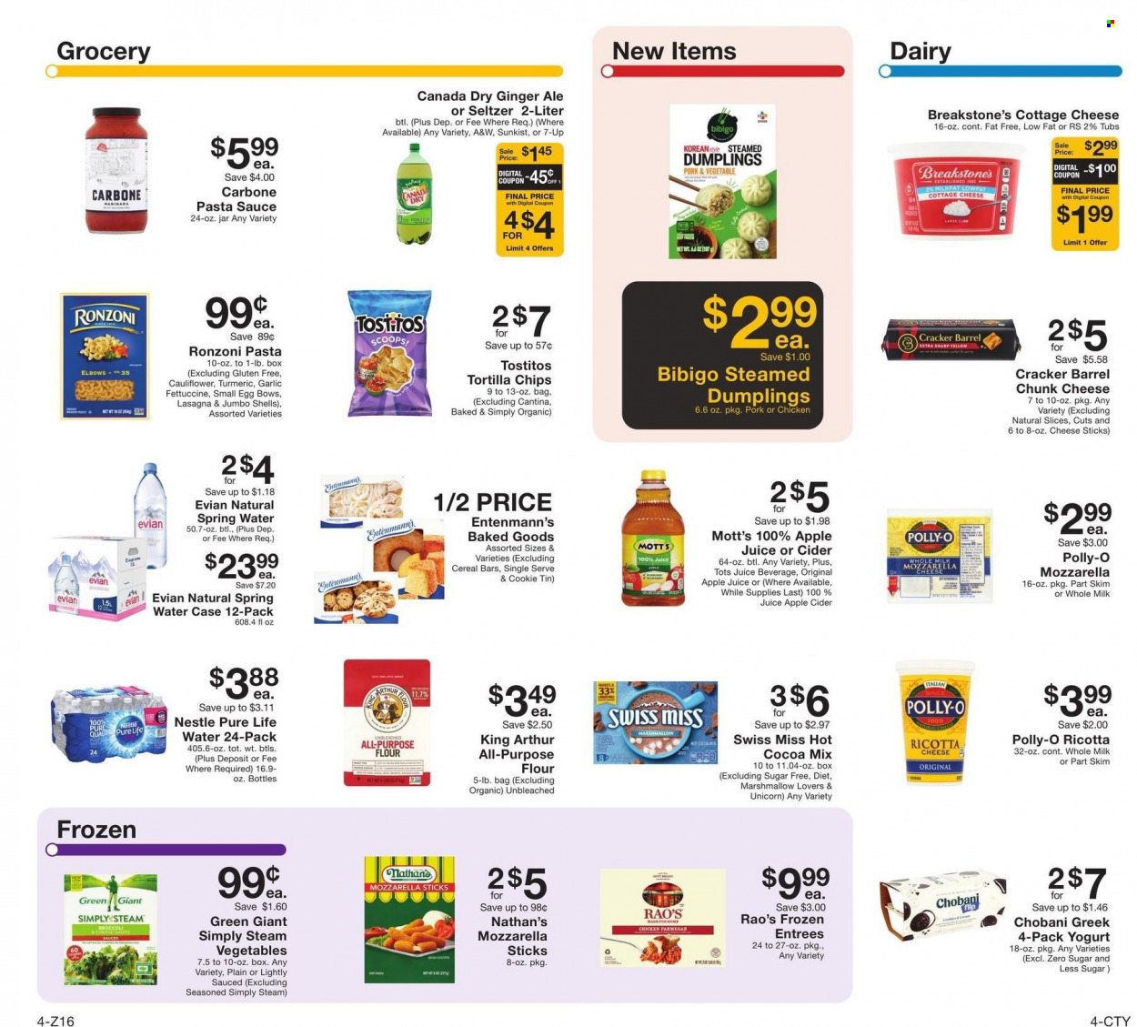 thumbnail - Fairway Market Flyer - 12/03/2021 - 12/09/2021 - Sales products - Entenmann's, garlic, Mott's, pasta sauce, sauce, dumplings, lasagna meal, cottage cheese, mozzarella, ricotta, cheese, chunk cheese, yoghurt, Chobani, Swiss Miss, milk, eggs, cheese sticks, marshmallows, Nestlé, cereal bar, crackers, tortilla chips, Tostitos, cereals, turmeric, apple juice, Canada Dry, ginger ale, juice, 7UP, A&W, seltzer water, spring water, Evian, apple cider, cider. Page 4.