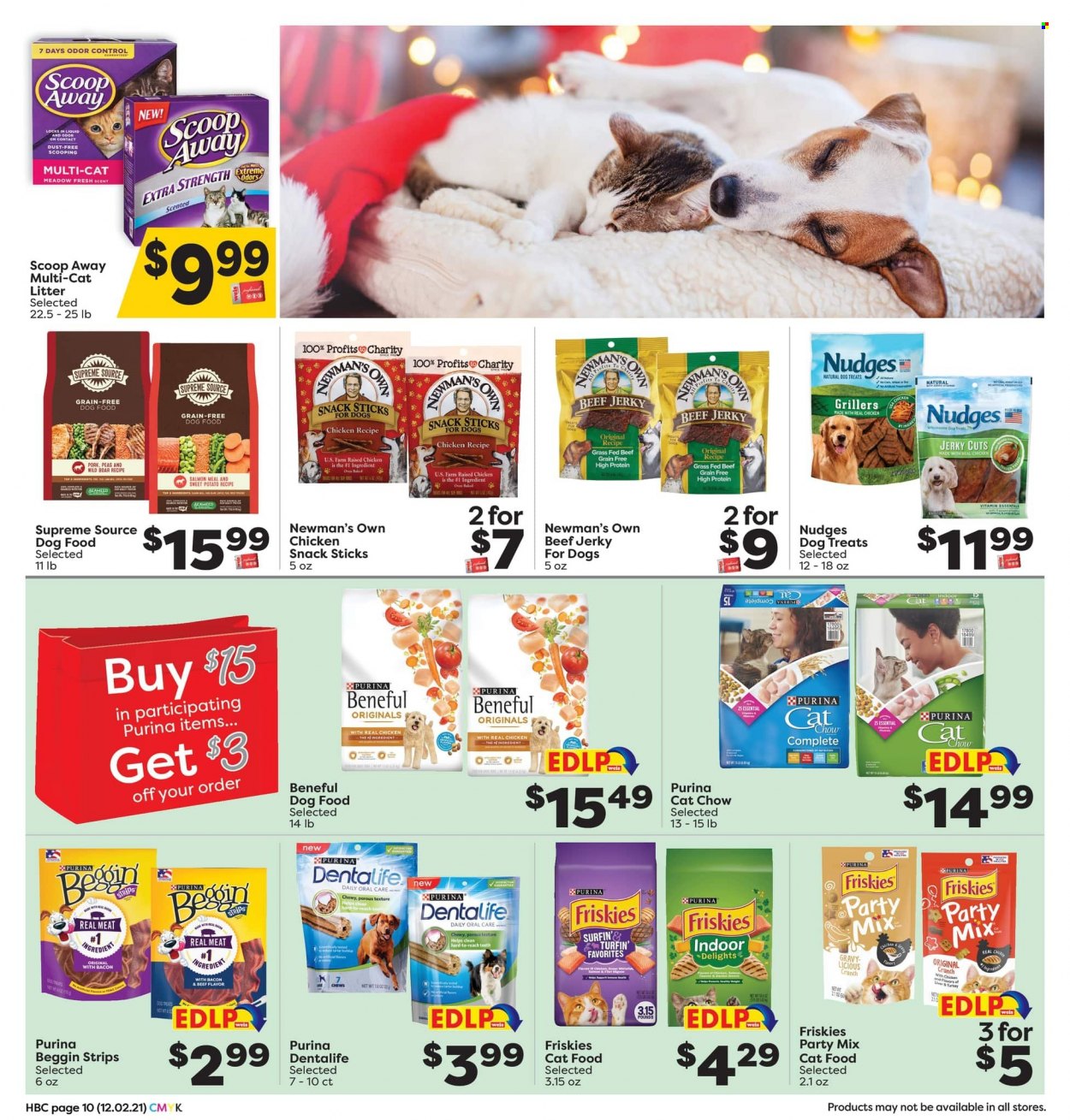 thumbnail - Weis Flyer - 12/02/2021 - 01/06/2022 - Sales products - beef jerky, jerky, strips, snack, chewing gum, 7 Days, cat litter, animal food, cat food, dog food, Purina, Dentalife, Friskies. Page 10.