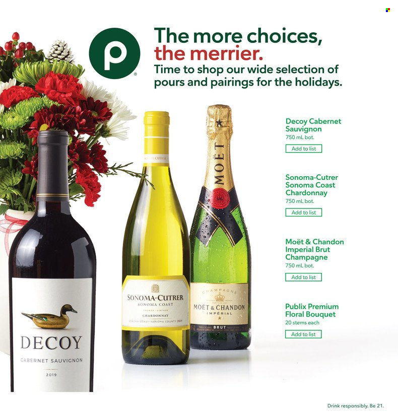 thumbnail - Publix Flyer - 12/02/2021 - 12/29/2021 - Sales products - Cabernet Sauvignon, red wine, sparkling wine, white wine, champagne, Chardonnay, wine, Moët & Chandon. Page 1.