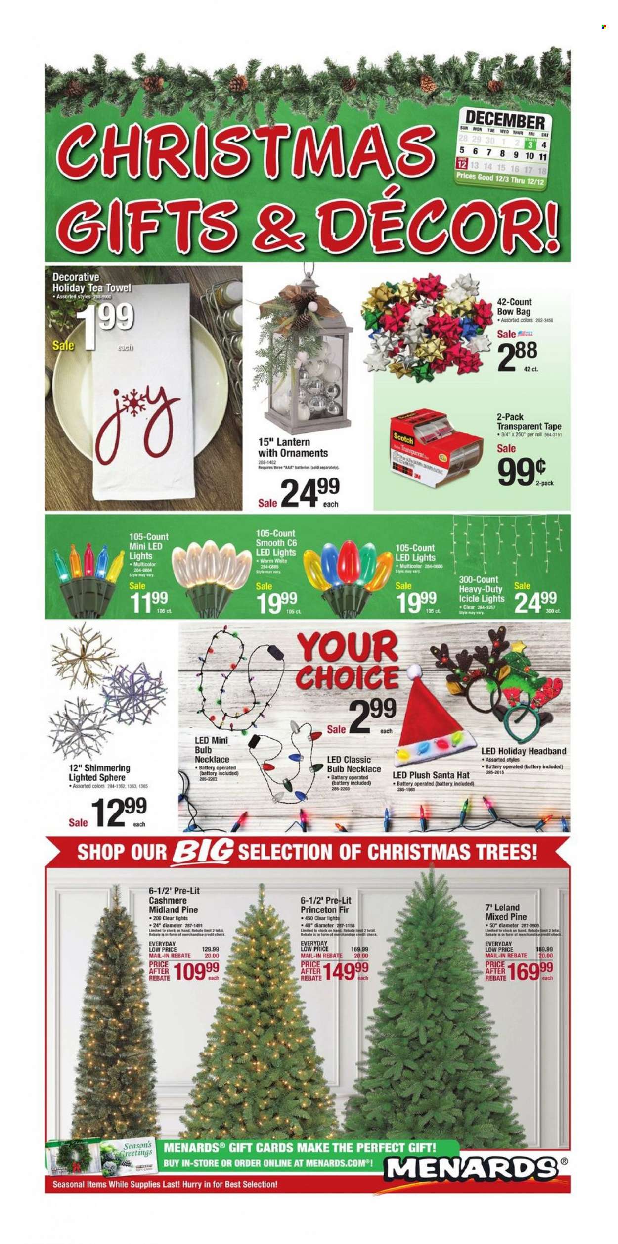 Menards Flyer - 12/03/2021 - 12/12/2021 - Sales products - bag, deco strips, bulb, tea towels, christmas tree, icicle light, lantern, LED light. Page 1.