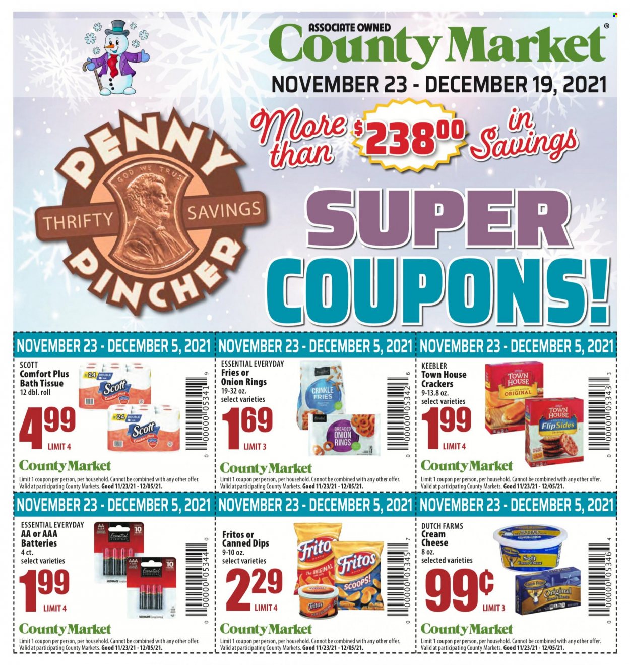 thumbnail - County Market Flyer - 11/23/2021 - 12/19/2021 - Sales products - onion rings, cheese, potato fries, crinkle fries, crackers, Keebler, Fritos. Page 1.