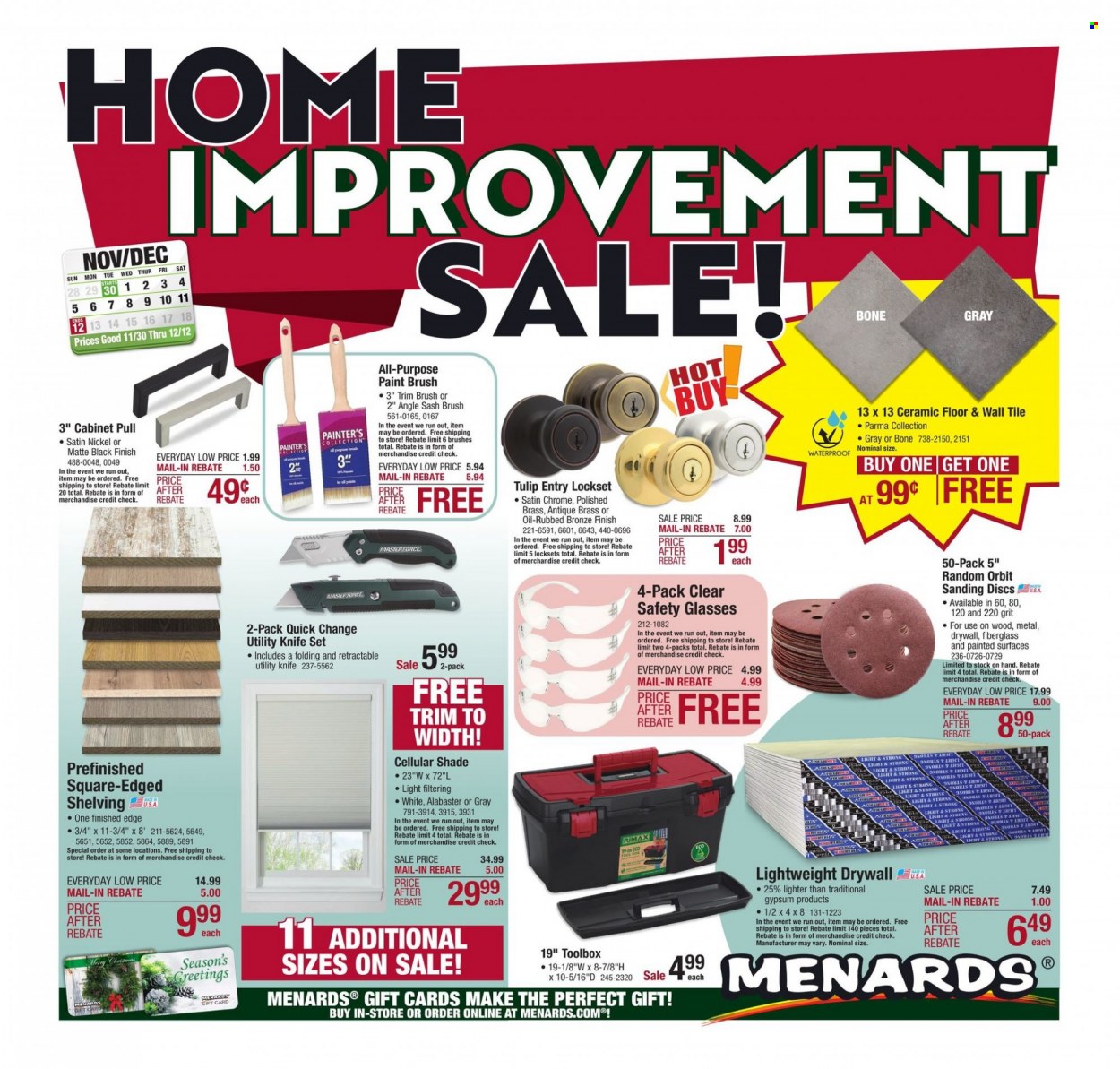Menards Flyer - 11/30/2021 - 12/12/2021 - Sales products - paint brush, cabinet, lockset, tool box, utility knife. Page 1.