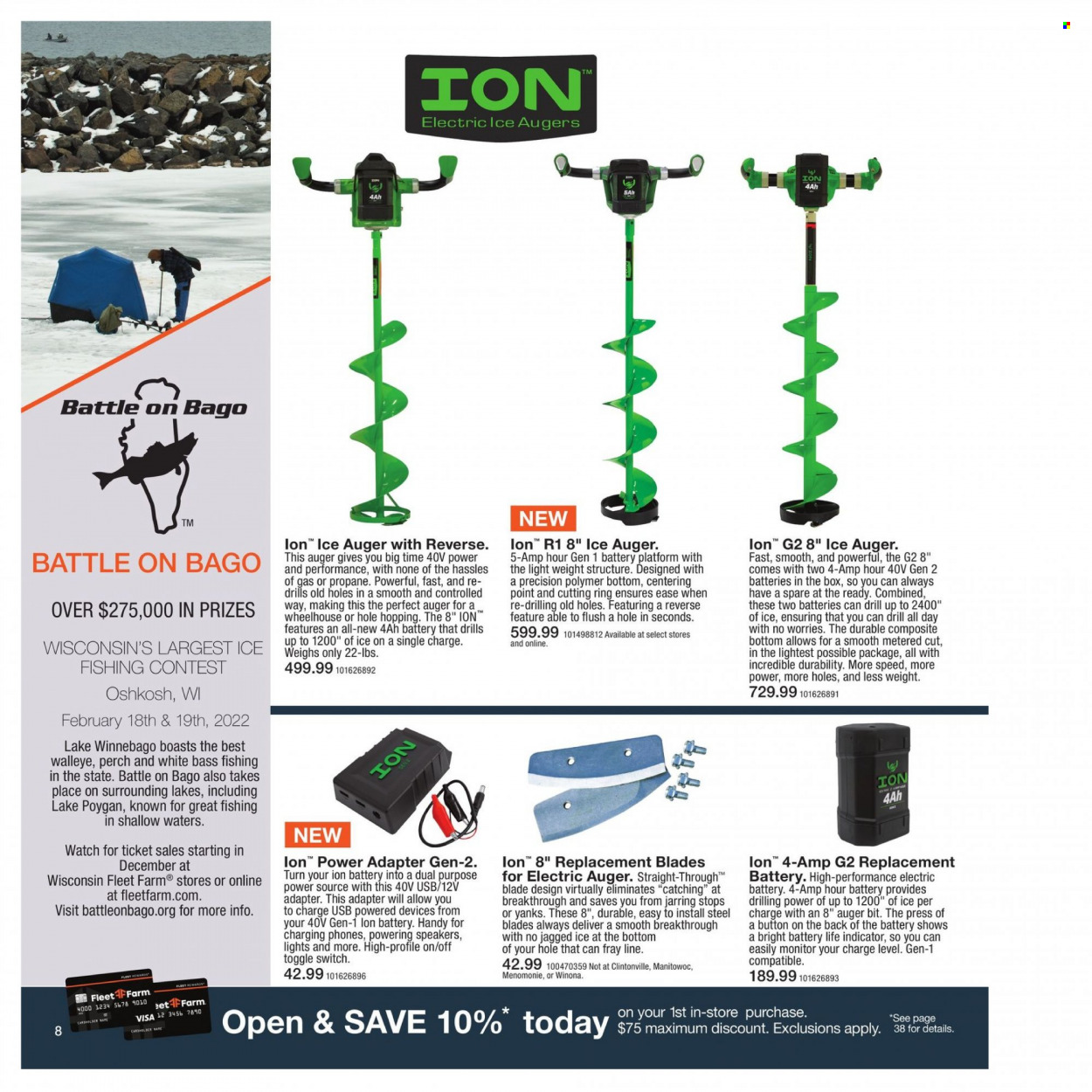 thumbnail - Fleet Farm Flyer - Sales products - replacement blades, battery platform, monitor, speaker, adapter, watch, ice fishing, drill, ice auger. Page 8.