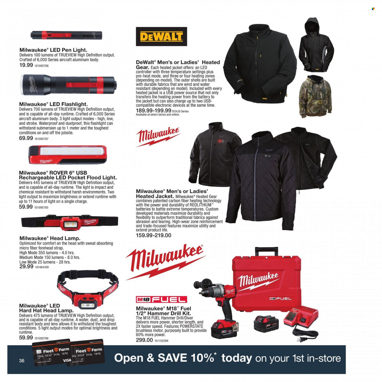 thumbnail - Fleet Farm Flyer - Sales products - DeWALT, holder, pen, battery, lens, jacket, hat, flashlight, lamp, floodlight, Milwaukee, drill. Page 36.