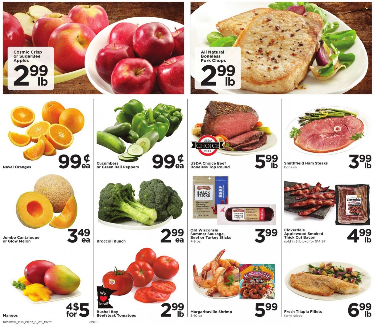 thumbnail - Cub Foods Flyer - 12/05/2021 - 12/11/2021 - Sales products - bell peppers, cantaloupe, cucumber, tomatoes, peppers, apples, mango, oranges, tilapia, shrimps, bacon, ham, sausage, summer sausage, ham steaks, snack, steak, pork chops, pork meat, melons, navel oranges. Page 1.