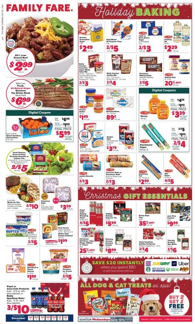 thumbnail - Family Fare Flyer - 12/05/2021 - 12/11/2021 - Sales products - brownie mix, cake mix, salad, Quaker, cheese, butter, Hershey's, marshmallows, biscuit, flour, frosting, oatmeal, oats, cereals, rice, cinnamon, honey, pecans, Coca-Cola, Pepsi, sparkling water, gin, Peroni, beef meat, beef sirloin, ground beef, steak, sirloin steak, tissues, plate, aluminium foil, wrapping paper, candle, clementines. Page 1.