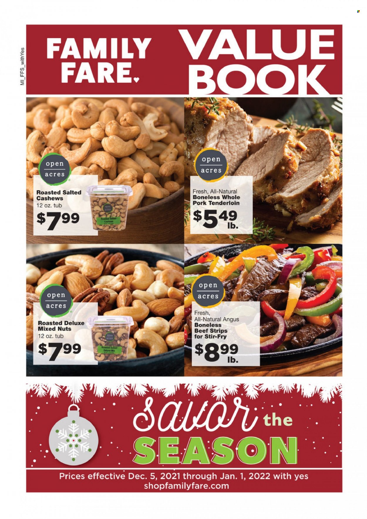 thumbnail - Family Fare Flyer - 12/05/2021 - 01/01/2022 - Sales products - strips, cashews, mixed nuts, pork meat, pork tenderloin, book. Page 1.