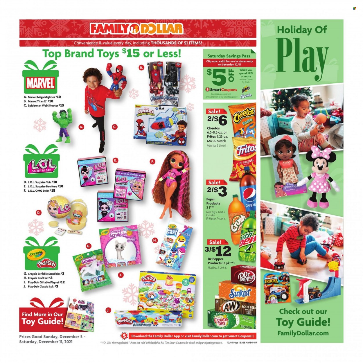 thumbnail - Family Dollar Flyer - 12/05/2021 - 12/11/2021 - Sales products - puffs, ginger, Bounty, Fritos, Cheetos, Dr. Pepper, beer, Spiderman, crayons, play set, Play-doh, toys, princess, L.O.L. Surprise, Monster Trucks. Page 1.