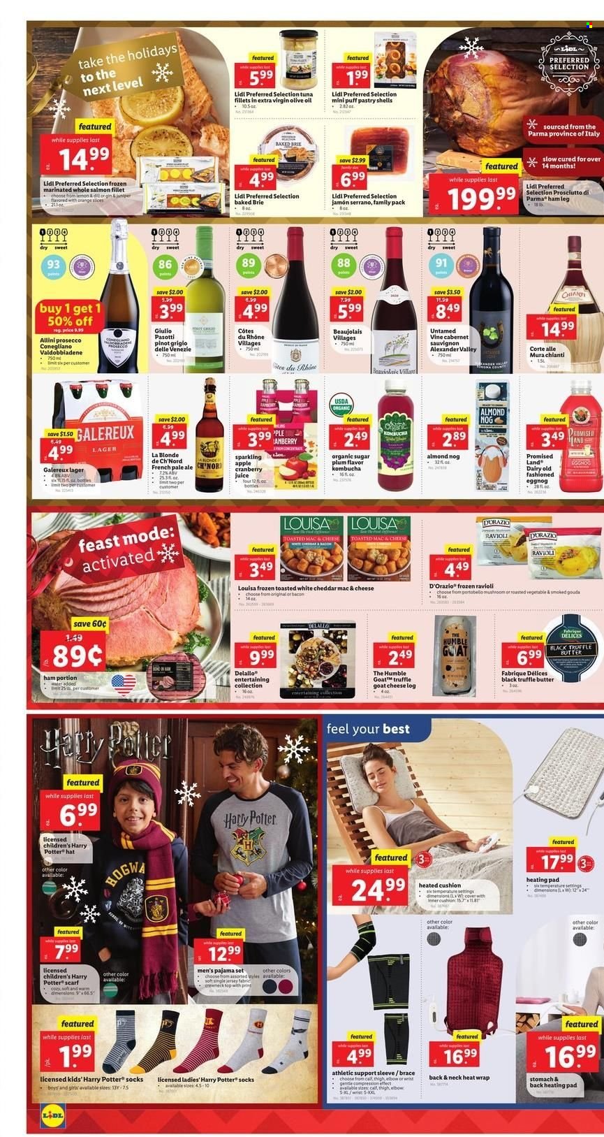 thumbnail - Lidl Flyer - 12/08/2021 - 12/14/2021 - Sales products - mushrooms, oranges, salmon, salmon fillet, tuna, ravioli, bacon, ham, goat cheese, gouda, cheddar, brie, butter, puff pastry, sugar, extra virgin olive oil, oil, cranberry juice, juice, kombucha, Cabernet Sauvignon, white wine, prosecco, Pinot Grigio, eggnog, beer, Lager, Harry Potter, cushion, Apple, heating pad, socks, scarf, hat, pajamas, brace. Page 2.