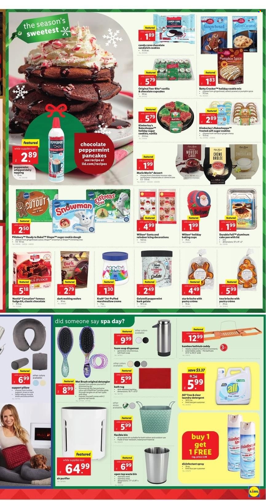 thumbnail - Lidl Flyer - 12/08/2021 - 12/14/2021 - Sales products - brioche, cupcake, gingerbread, cheesecake, ginger, sandwich, pancakes, Kraft®, gelato, cookie dough, fudge, marshmallows, Nestlé, sandwich cookies, wafers, candy cane, Santa, topping, spice, detergent, desinfection, laundry detergent, Jet, antibacterial spray, brush, bin, soap dispenser, dispenser, lid, cake pan, cup, pillow, air purifier, reindeer, train, rug. Page 3.