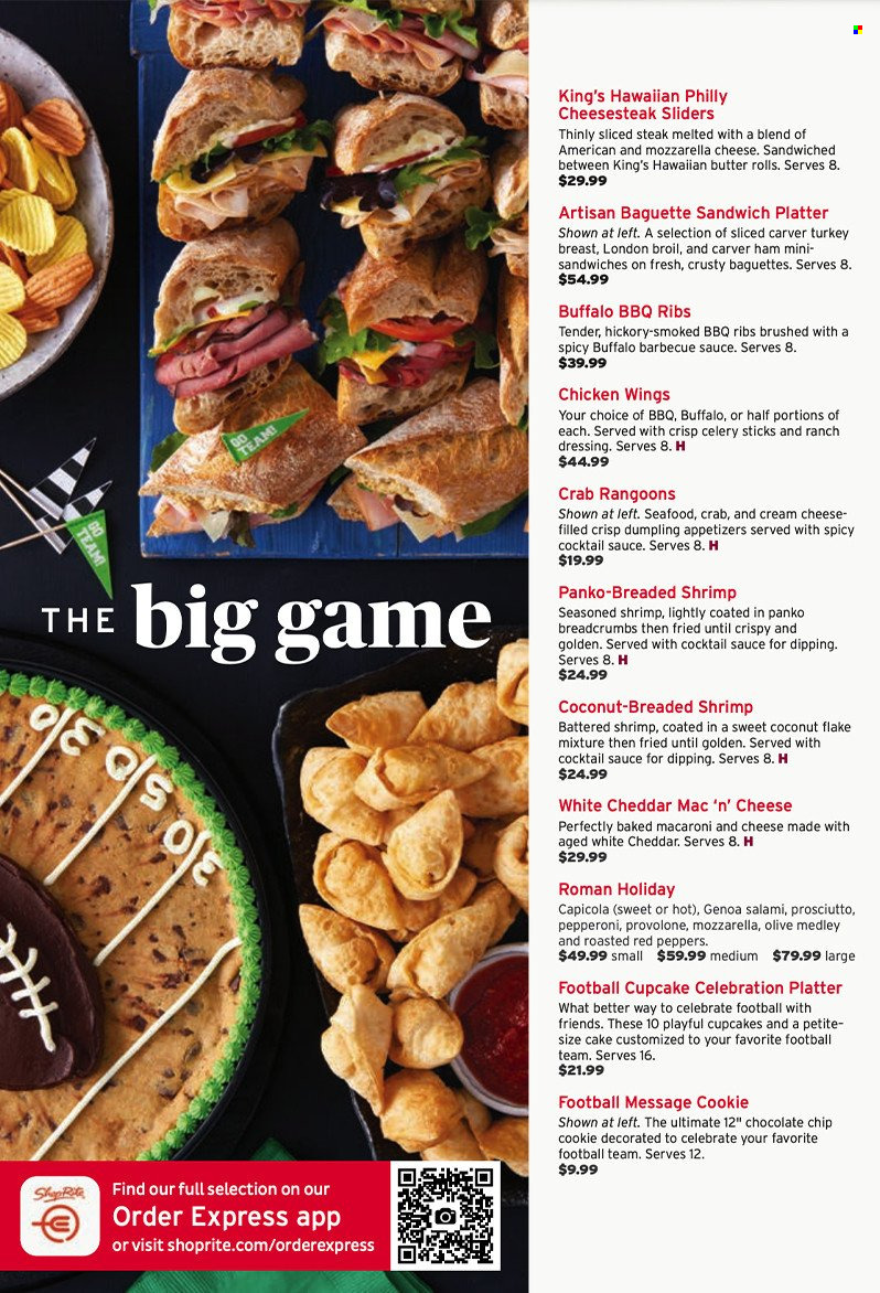 thumbnail - ShopRite Flyer - Sales products - baguette, cake, cupcake, panko breadcrumbs, peppers, red peppers, coconut, seafood, crab, shrimps, macaroni & cheese, sandwich, dumplings, salami, ham, prosciutto, pepperoni, mozzarella, cheddar, Provolone, butter, ranch dressing, chicken wings, Celebration, celery sticks, BBQ sauce, cocktail sauce, dressing, turkey breast, steak. Page 2.