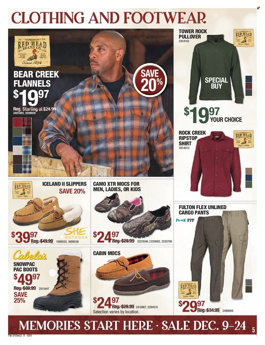 thumbnail - Bass Pro Shops Flyer - 12/09/2021 - 12/24/2021 - Sales products - mocs, slippers, cargo pants, pants, shirt, pullover. Page 5.