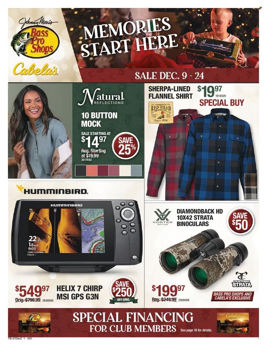 thumbnail - Cabela's Flyer - 12/09/2021 - 12/24/2021 - Sales products - flannel shirt, shirt, sherpa, Bass Pro, binoculars, optics. Page 1.