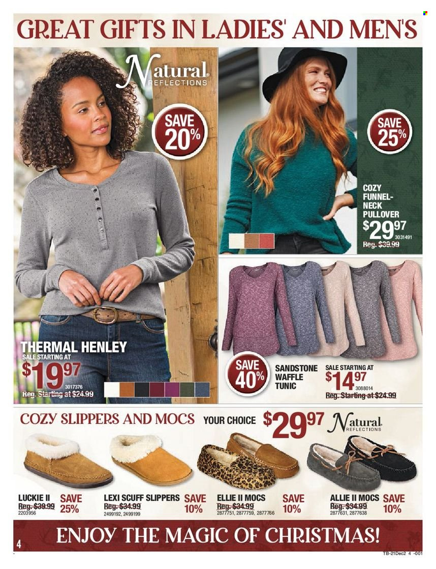 thumbnail - Cabela's Flyer - 12/09/2021 - 12/24/2021 - Sales products - mocs, slippers, pullover. Page 4.