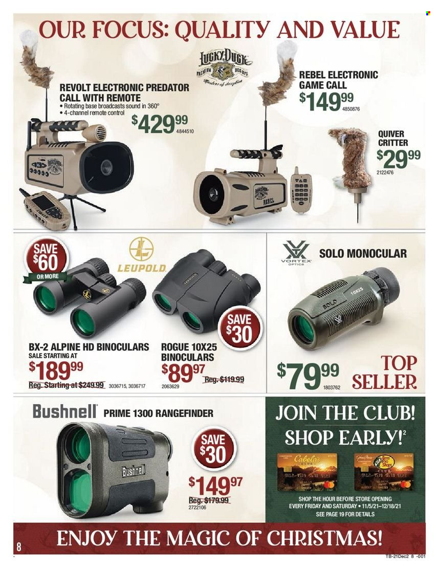 thumbnail - Cabela's Flyer - 12/09/2021 - 12/24/2021 - Sales products - rangefinder, binoculars, Leupold. Page 8.