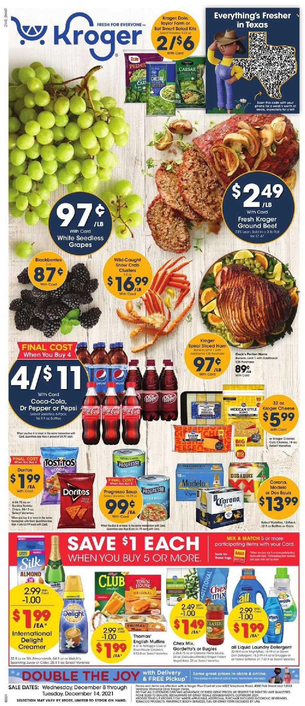thumbnail - Kroger Flyer - 12/08/2021 - 12/14/2021 - Sales products - seedless grapes, english muffins, salad, Dole, blackberries, grapes, Welch's, crab, pasta sauce, Progresso, ham, Cook's, cheese, almond milk, creamer, crackers, Doritos, chips, Chex Mix, Classico, Coca-Cola, Pepsi, juice, Dr. Pepper, sparkling juice, Moët & Chandon, cider, beer, Corona Extra, Modelo, beef meat, ground beef, detergent, Snuggle, laundry detergent, Sharp, Dos Equis. Page 1.